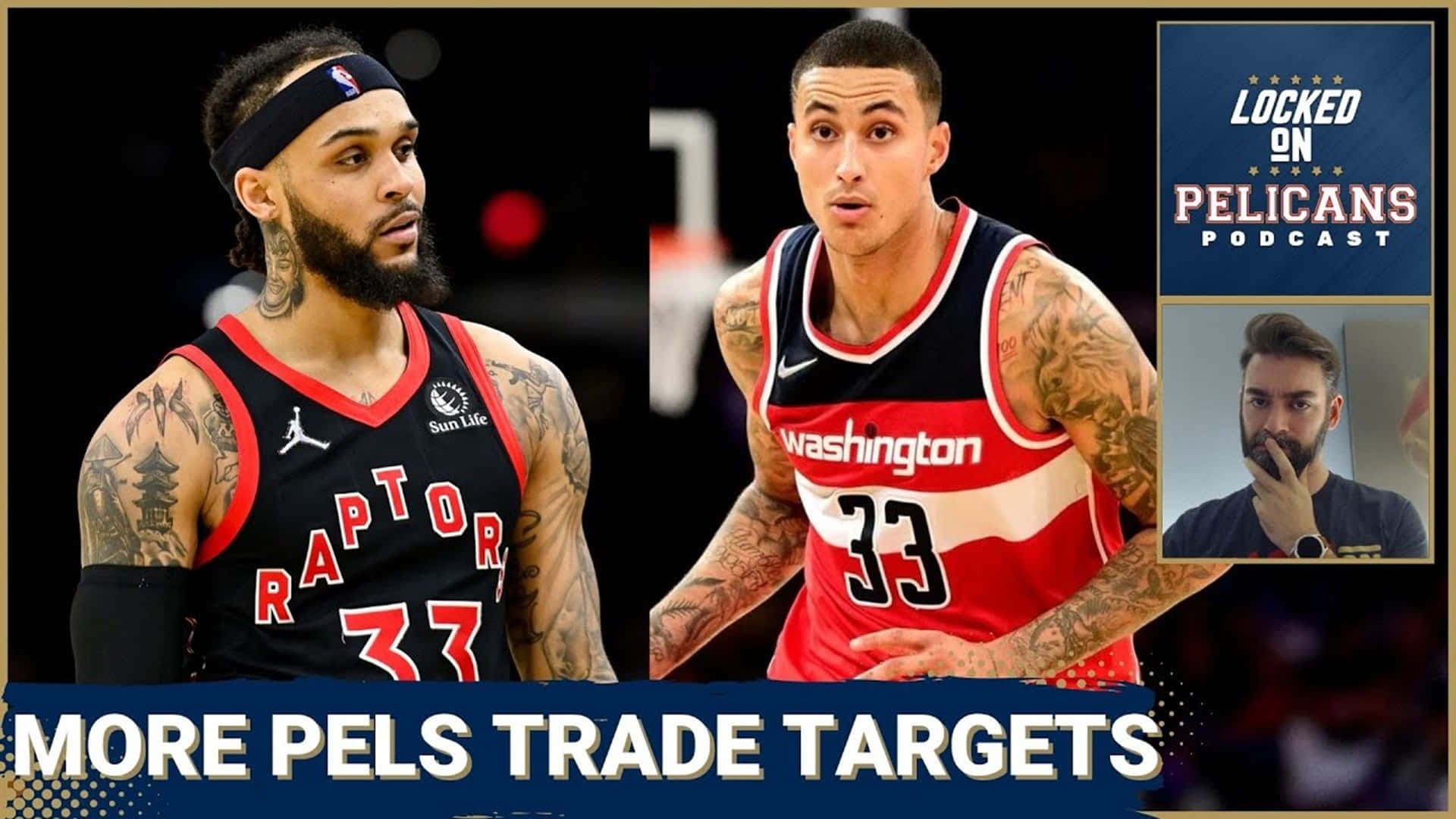 兩名穿著球隊球衣的籃球運動員，帶有播客圖形和交易目標文字。 — NBA 壁紙