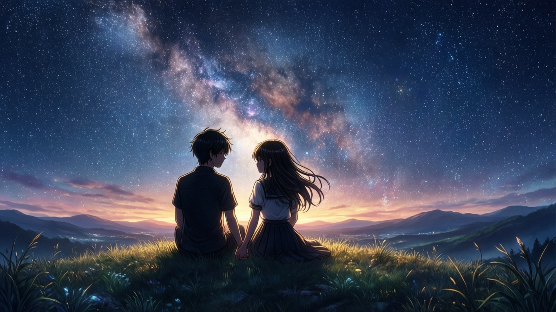 Starry Night Together 壁紙 — 兩個動漫風格的青少年坐在草地上手牽手，凝視著充滿活力的星空，銀河在遠山上方閃耀。