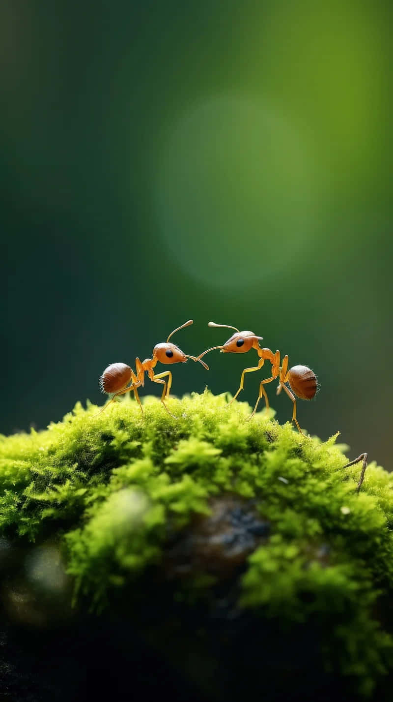  壁紙 — 兩隻細小螞蟻在充滿活力的綠色苔蘚表面上互相對望，背景是柔和模糊的森林。