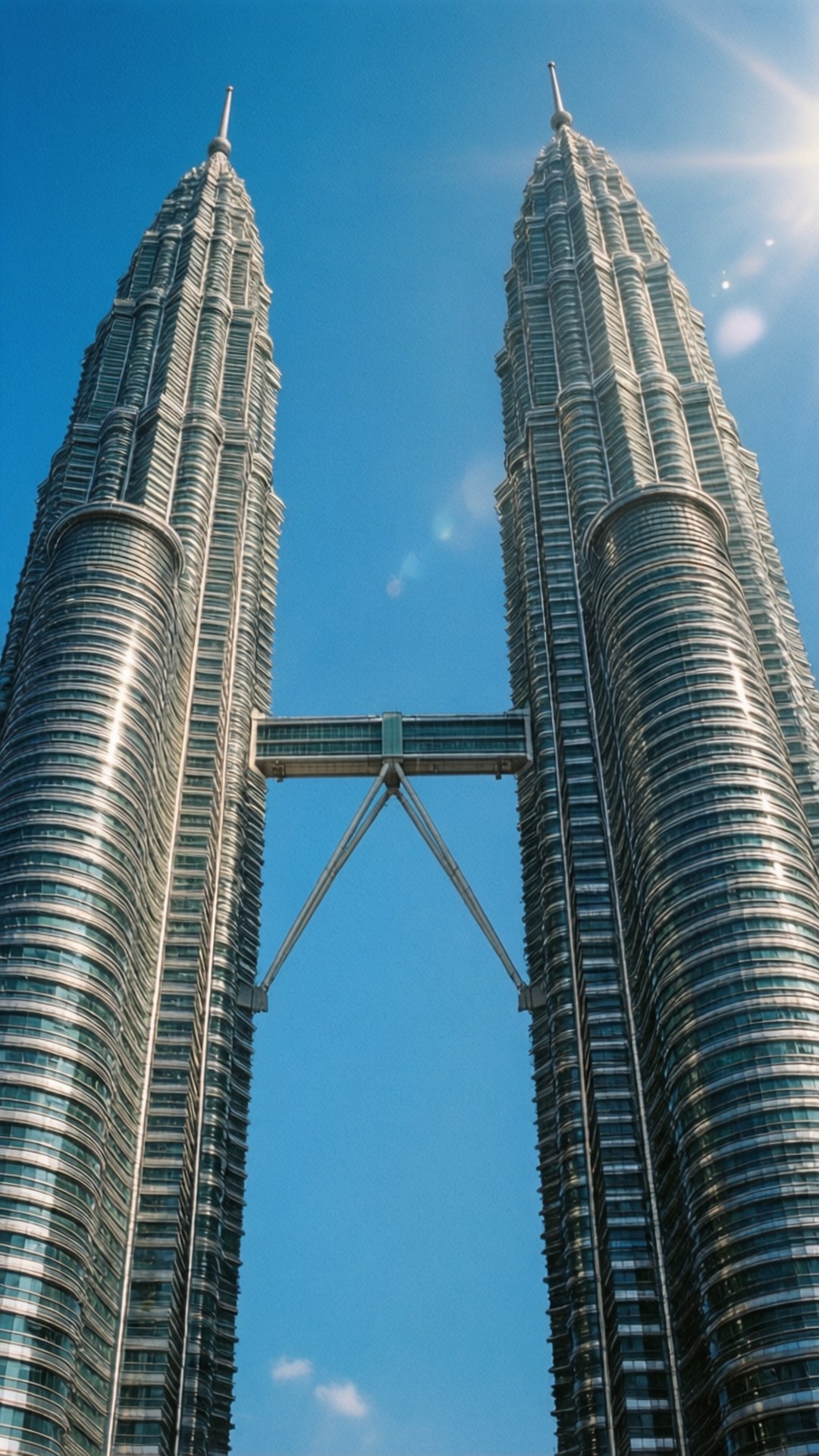 Twin Towers Majesty 壁紙 — 兩座高聳的玻璃摩天大樓透過空中走廊連接，在明亮的藍天下帶有太陽耀斑。