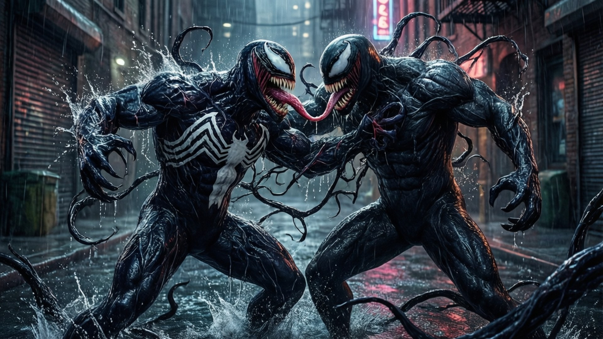 Alley Fight Anti-Venom 壁紙 — 兩個猛毒共生體在雨水浸透的小巷中碰撞，它們的舌頭在飛濺的水花和霓虹燈光中甩出。
