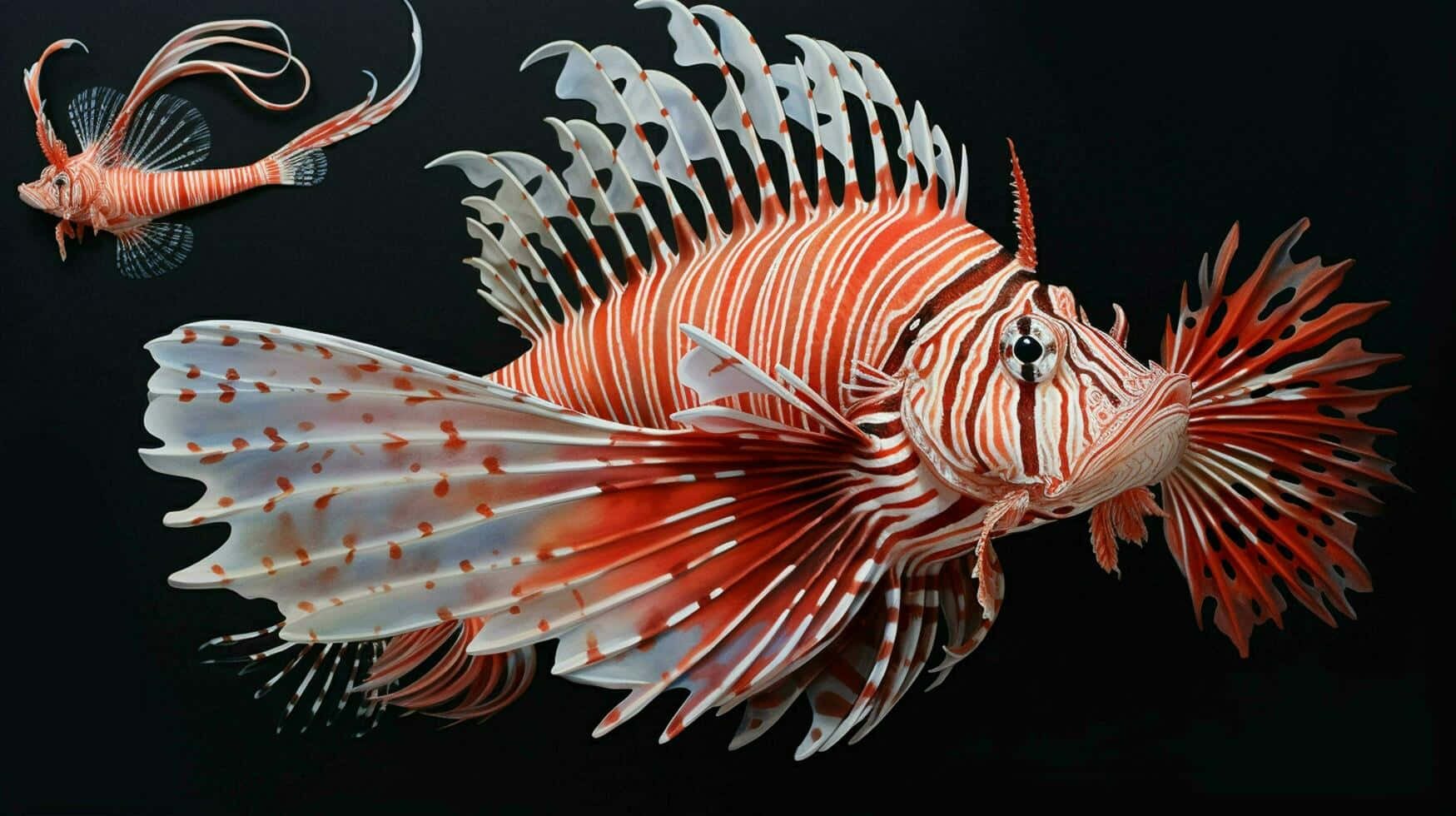 壁紙 — 兩條色彩鮮豔的獅子魚，帶有醒目的紅白條紋和流暢的鰭，在深黑色背景上滑行。