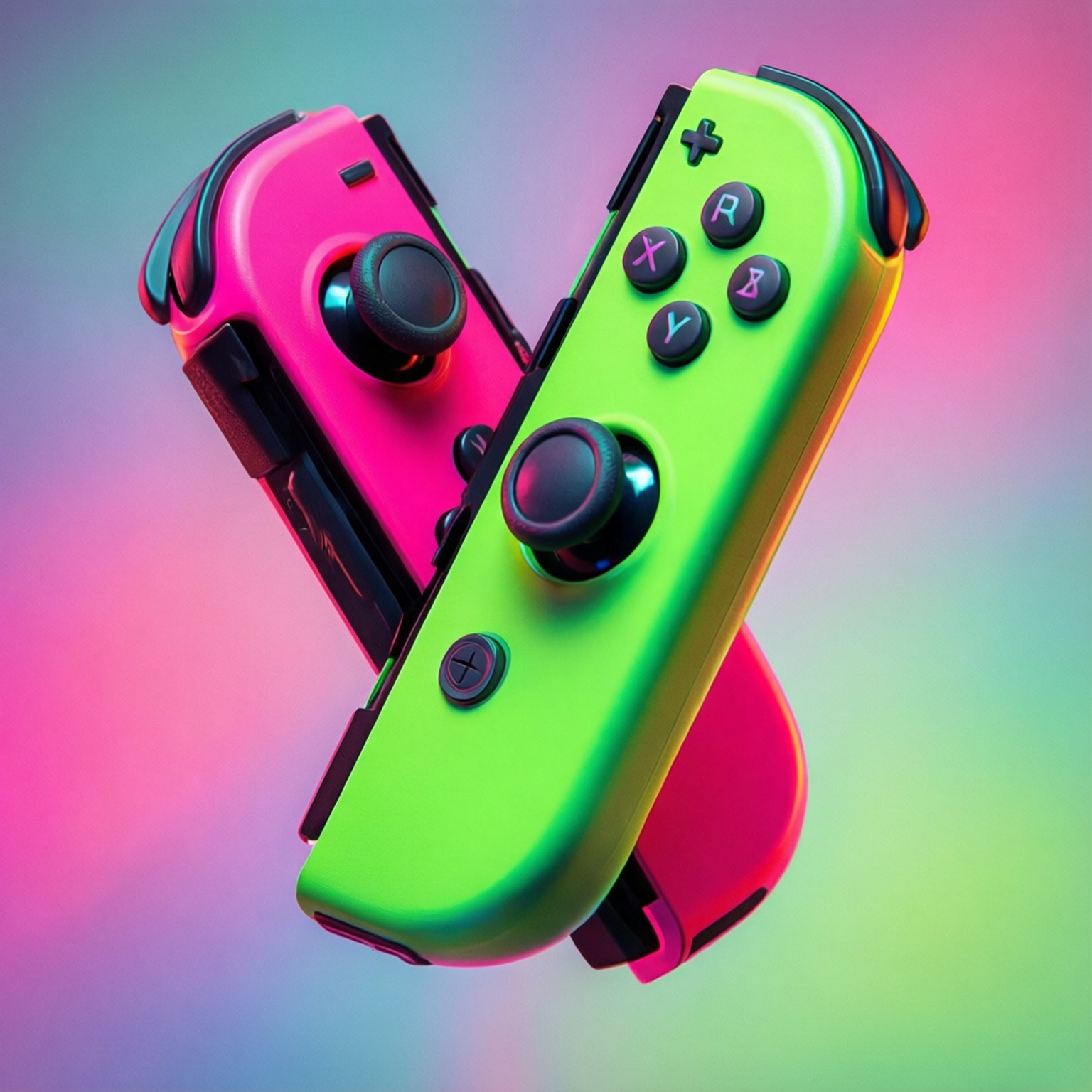 Joy-Con Pop Art 壁紙 — 兩個充滿活力的螢光粉紅和綠色 Nintendo Switch Joy-Con 控制器交叉在漸變粉紅和青綠色的背景上。