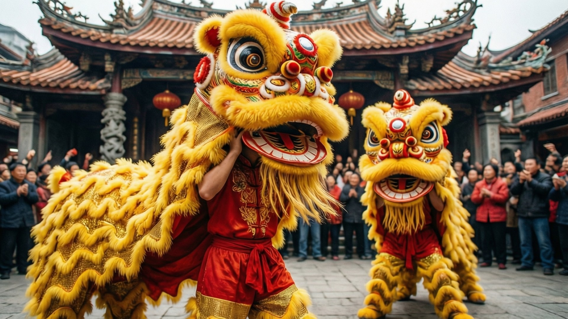 Lion Dance Performance 壁紙 — 兩件鮮黃色的舞獅服裝由身穿紅色服裝的表演者在傳統中式寺廟前表演，旁觀者拍手。