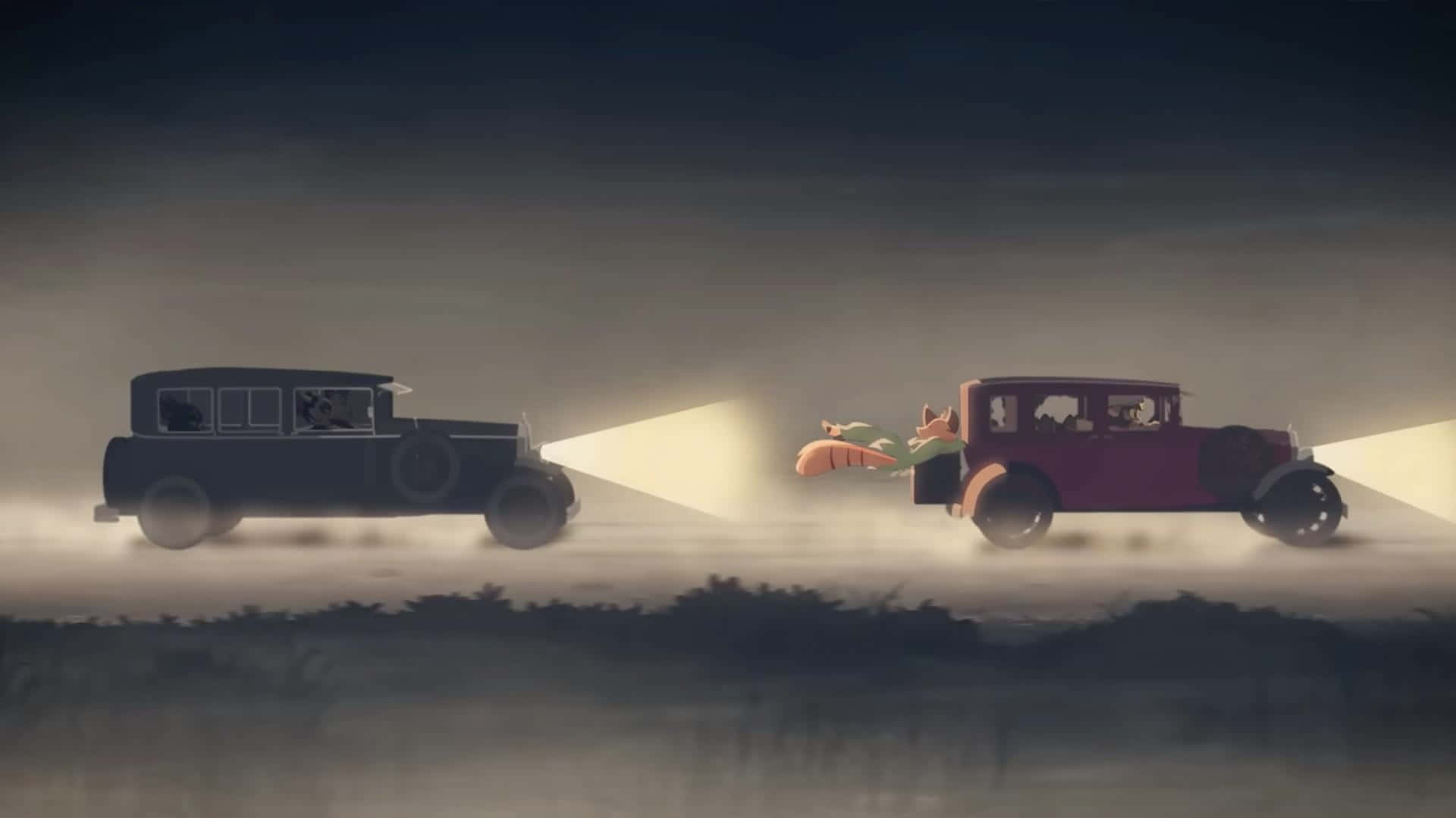  壁紙 — 兩輛復古汽車的車頭燈劃破霧夜，一隻卡通狐狸在它們之間跳躍。