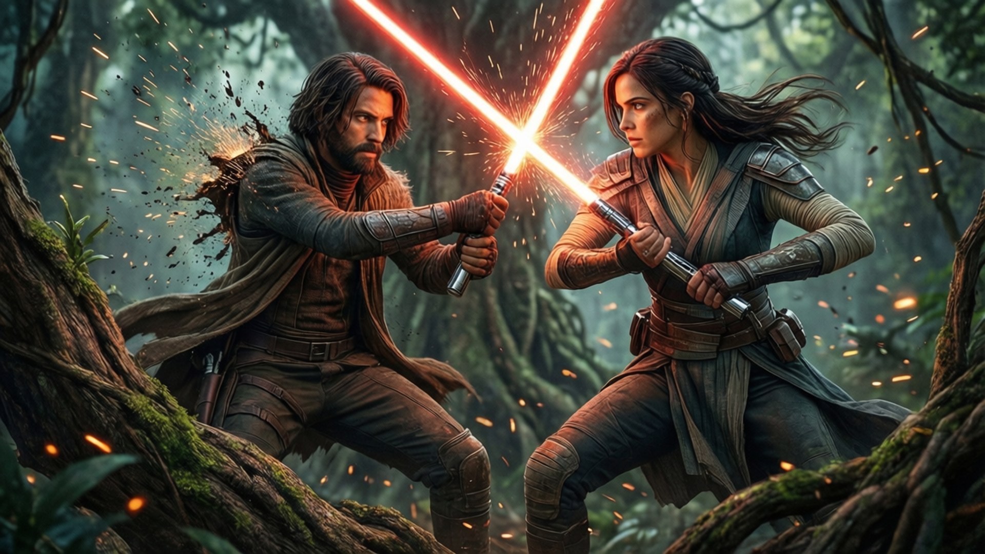 Duel Above the Canopy 壁紙 — 兩名戰士在迷霧叢林中交鋒，發光的紅色光劍在他們之間閃爍。