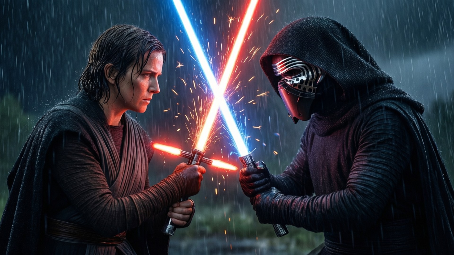 Rain Duel Rey Kylo 壁紙 — 兩名戰士在雨中交鋒，紅藍光劍交叉，在黑暗背景下迸發出強烈火花。