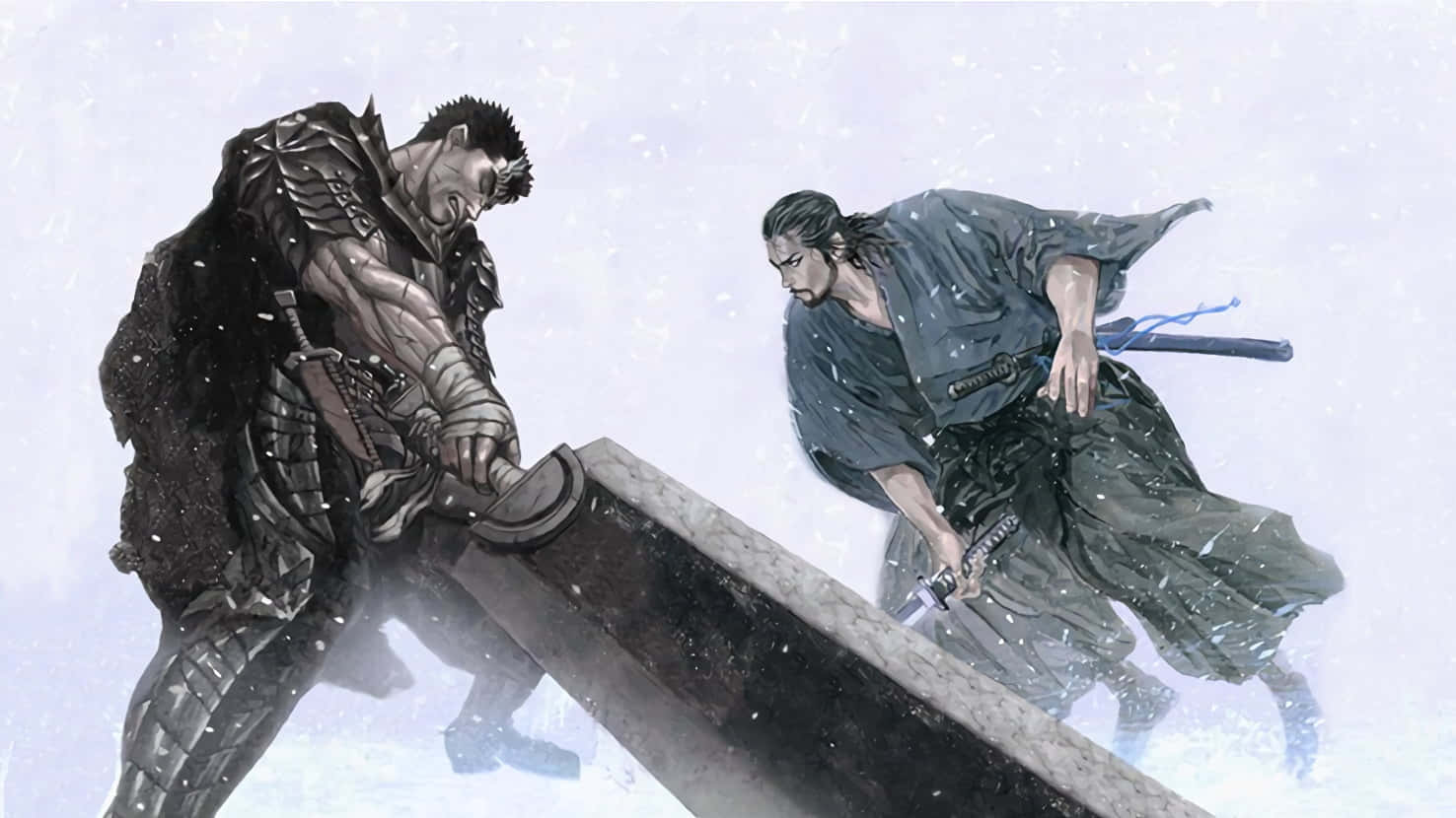  壁紙 — 兩名戰士在雪地戰鬥中交鋒，一人身穿重甲揮舞巨刃，另一人身穿飄逸長袍手持武士刀，雪花在他們周圍旋轉。