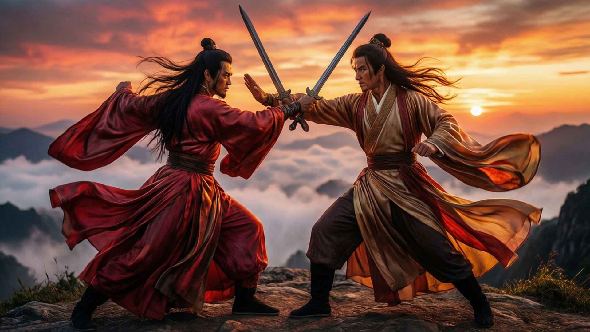 Shaw Brothers Studio 桌布 壁紙 — 兩位身穿飄逸長袍的戰士在山頂上交鋒，夕陽正落在霧氣瀰漫的山谷後方。