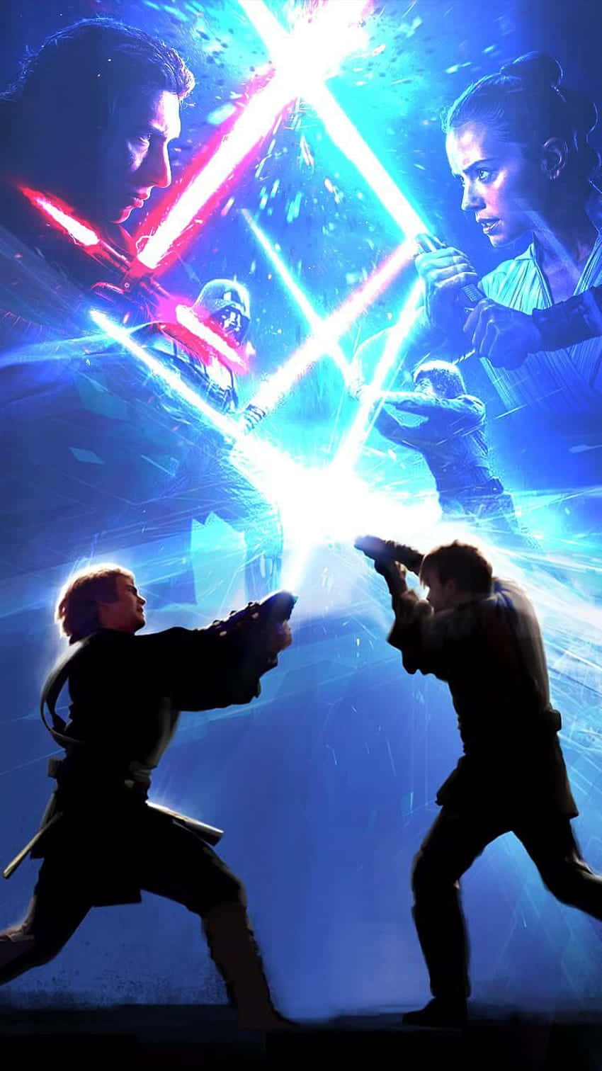 Anakin 桌布 壁紙 — 兩名戰士手持發光的藍色和紅色光劍，在動態科幻戰鬥場景中交鋒。