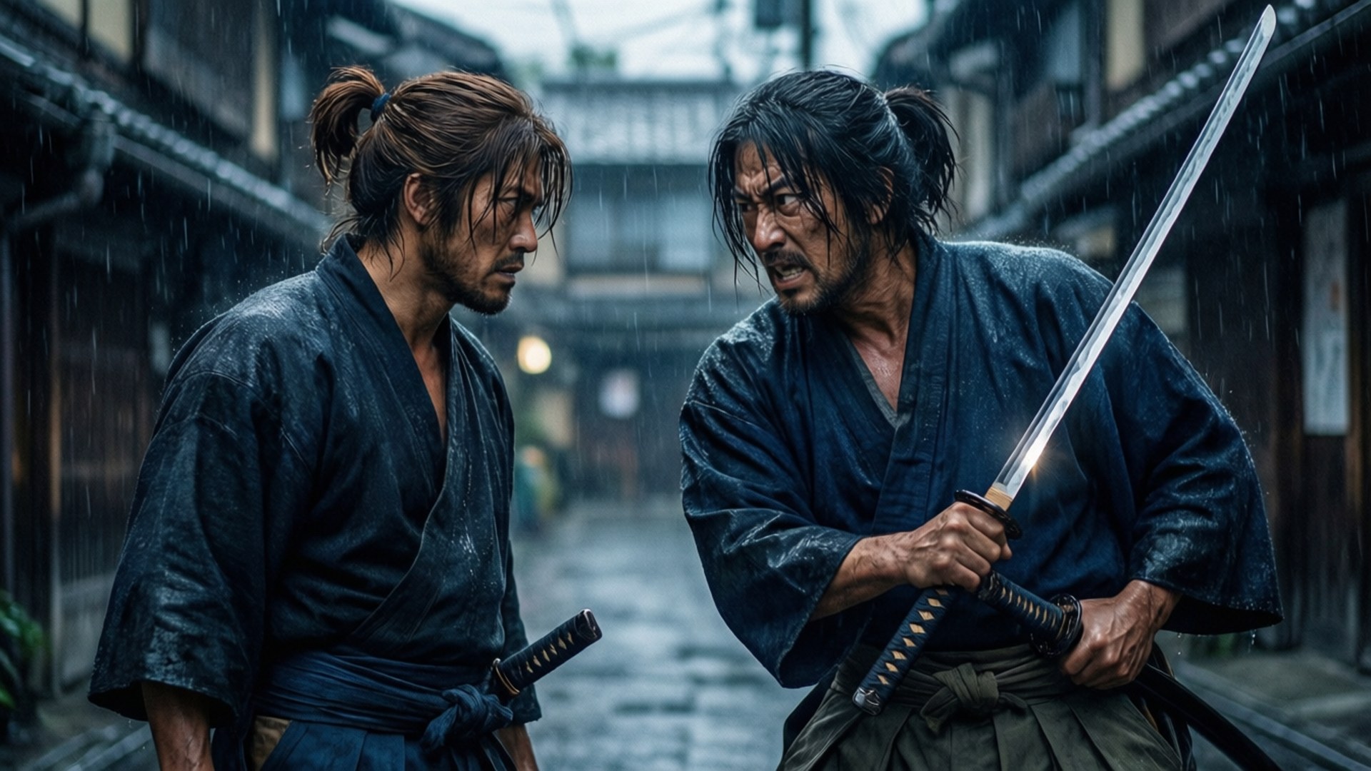 Clash in the Rain 壁紙 — 兩個濕透的武士在雨淋的小巷中對峙，一個握著刀，另一個在灰濛濛的天空下挑釁地凝視