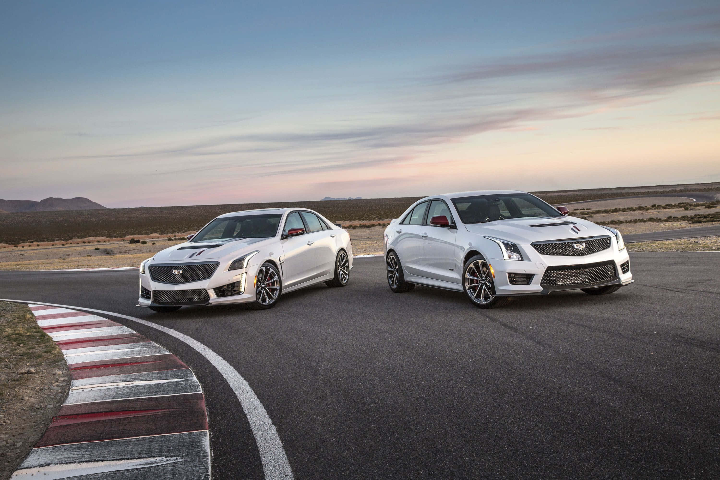 Cadillac Ats 桌布 壁紙 — 兩輛白色Cadillac ATS-V房車在沙漠賽車道上並肩競速，夕陽西下，紅白相間的賽道邊緣。