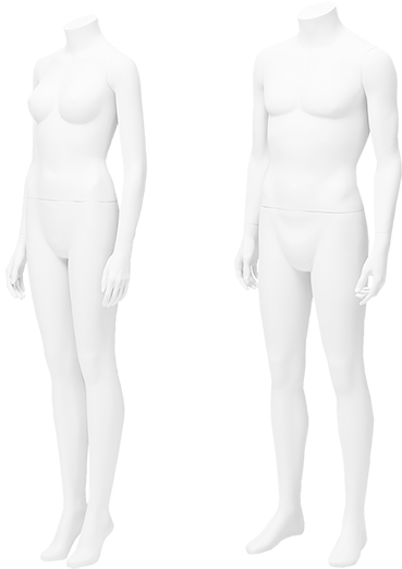 兩個白色人體模型，一個女性一個男性，在攝影棚中並排站立。 — 3D 壁紙