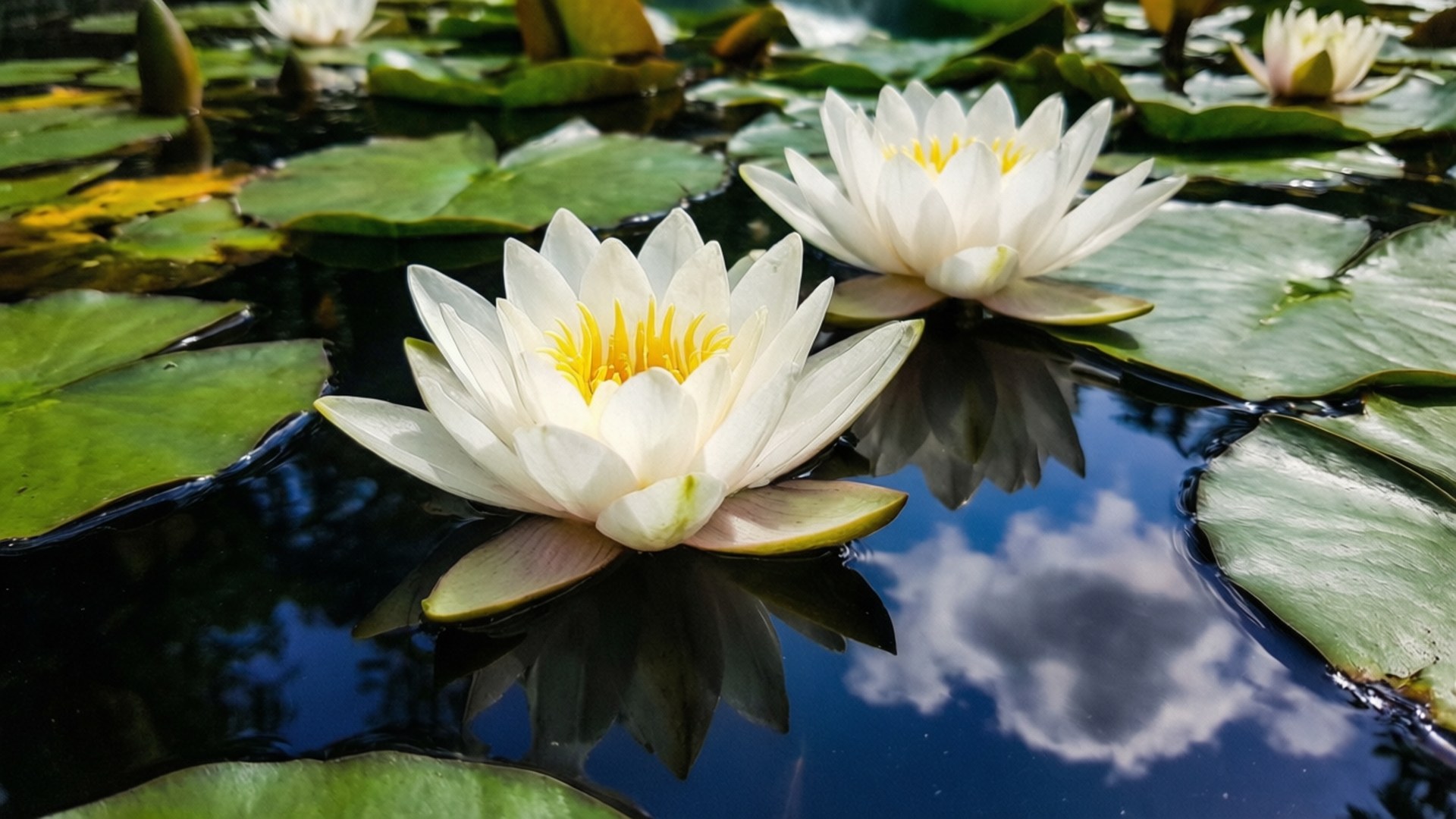 Water Lilies Close-Up 壁紙 — 兩朵白色睡蓮，黃色花心，在綠色荷葉上盛開，倒映著多雲的天空在平靜的池塘水中。