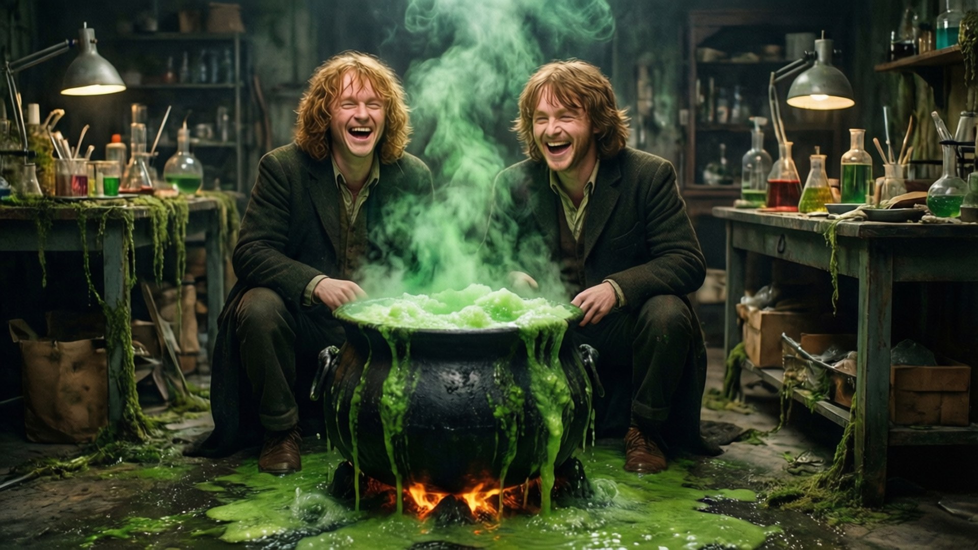fred weasley 桌布 壁紙 — 兩個巫師開懷大笑，因為一個冒泡的綠色藥水從大鍋中溢出，在一個長滿苔蘚、雜亂的實驗室裡。
