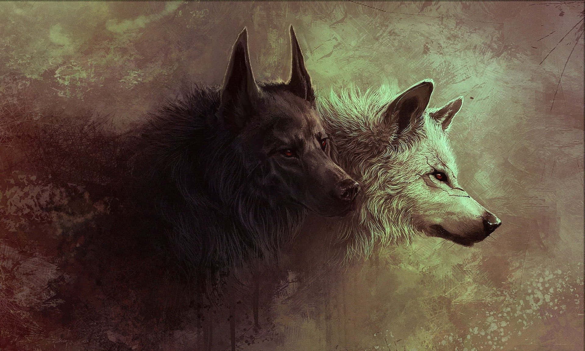  壁紙 — 兩隻狼，一黑一白，並肩站立在帶有紋理的大地色背景中，色調柔和，光線柔和。