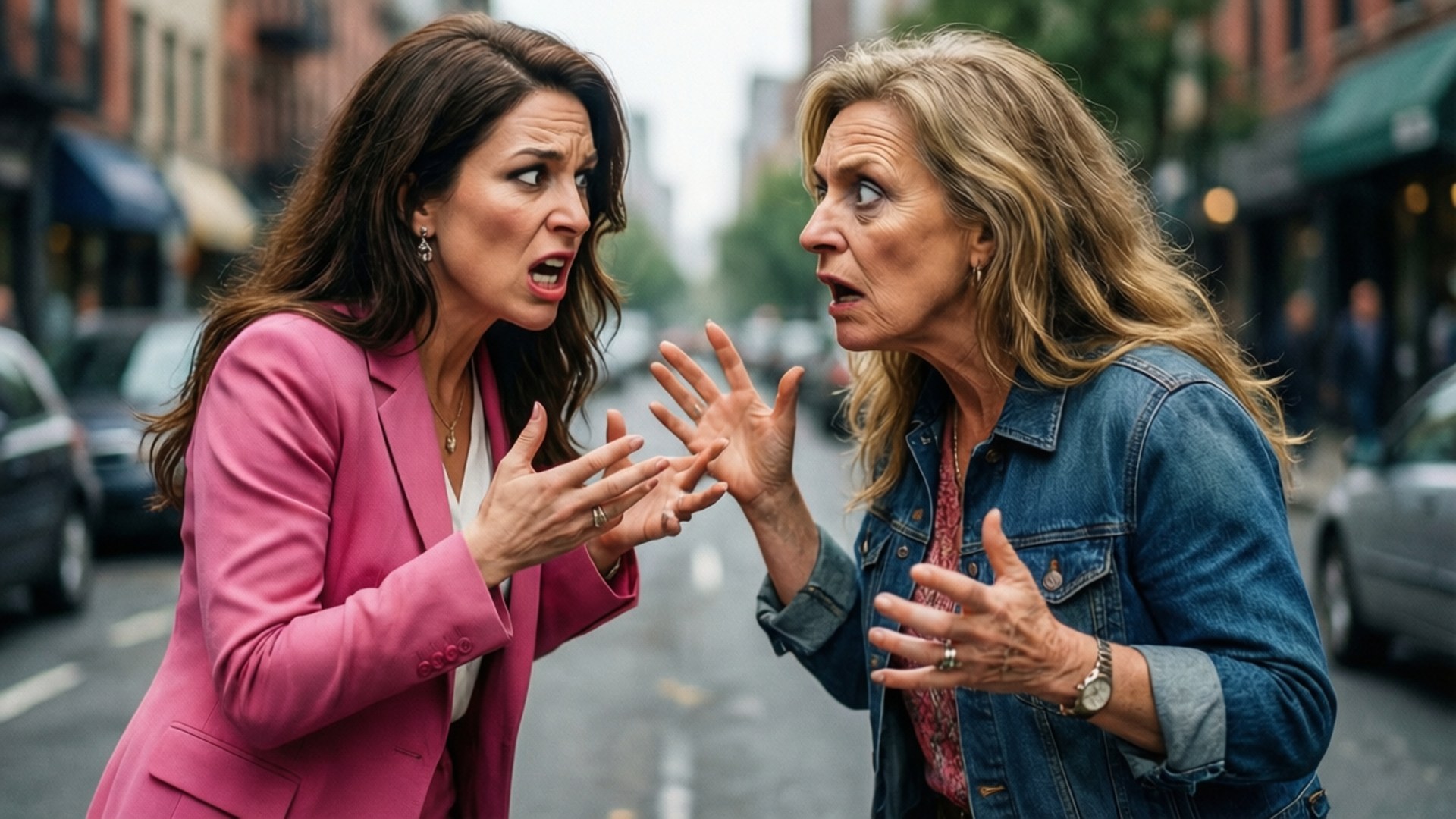 Jacqueline vs Lillian 壁紙 — 兩個女人在街上激烈爭論，一個穿粉紅色西裝外套，另一個穿牛仔外套，手勢誇張。