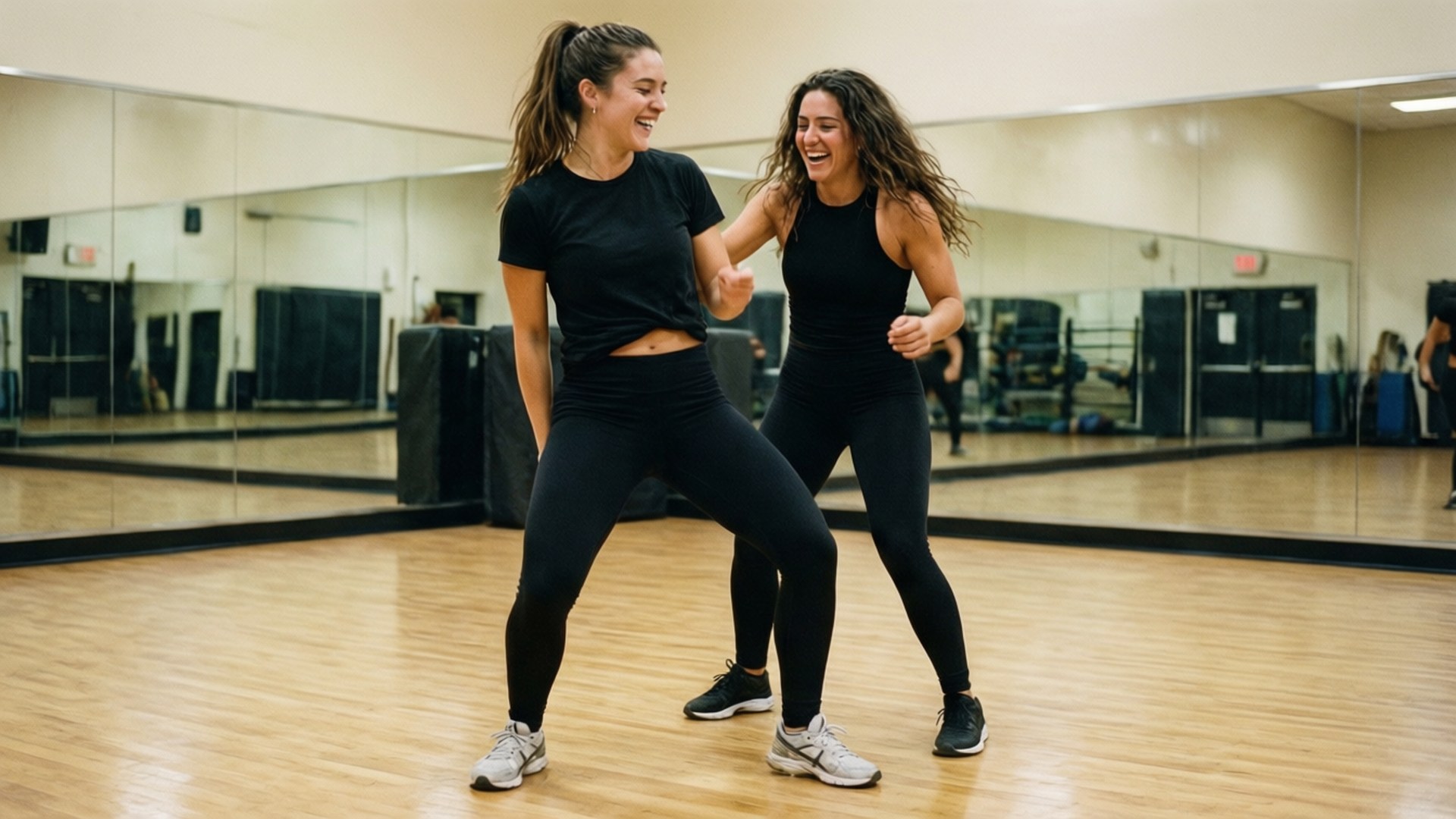 Dance Rehearsal 壁紙 — 兩位身穿黑色運動服的女士在鏡面健身室裡笑著跳舞，地板是木質的。