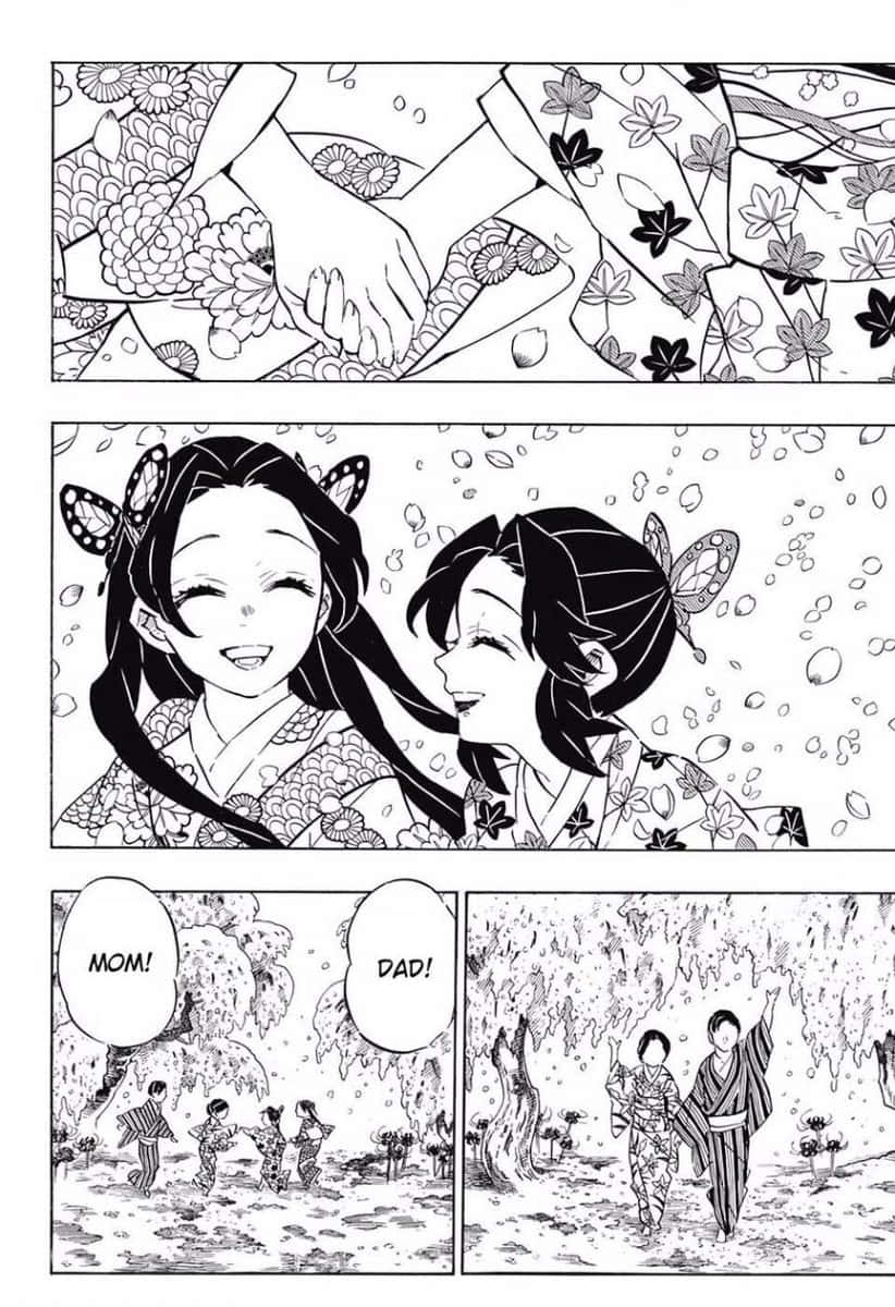  壁紙 — 兩位身穿花卉和服的女士在飄落的花瓣下，孩子們向她們呼喊，她們溫暖地微笑。