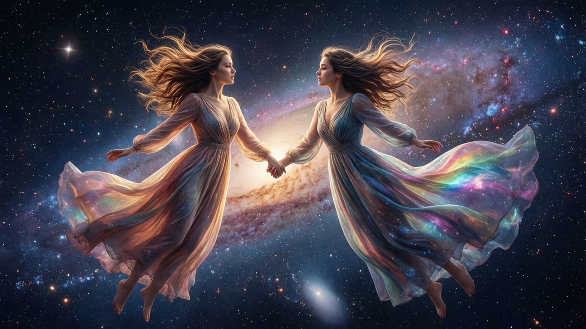 Cosmic Love 壁紙 — 兩位身穿飄逸長裙的女性手牽手，漂浮在充滿漩渦星雲和閃爍星星的充滿活力的星系中。