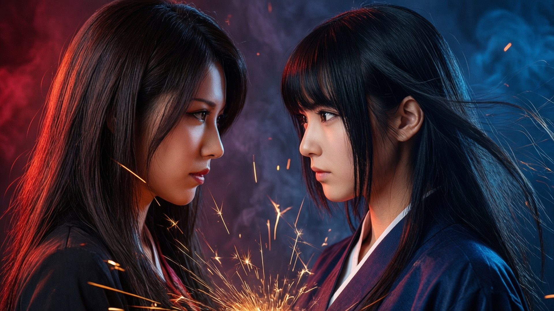 Rivalry Sparks 壁紙 — 兩名身穿傳統長袍的女性在煙霧瀰漫的紅藍背景下對峙，火花在她們之間飛舞。