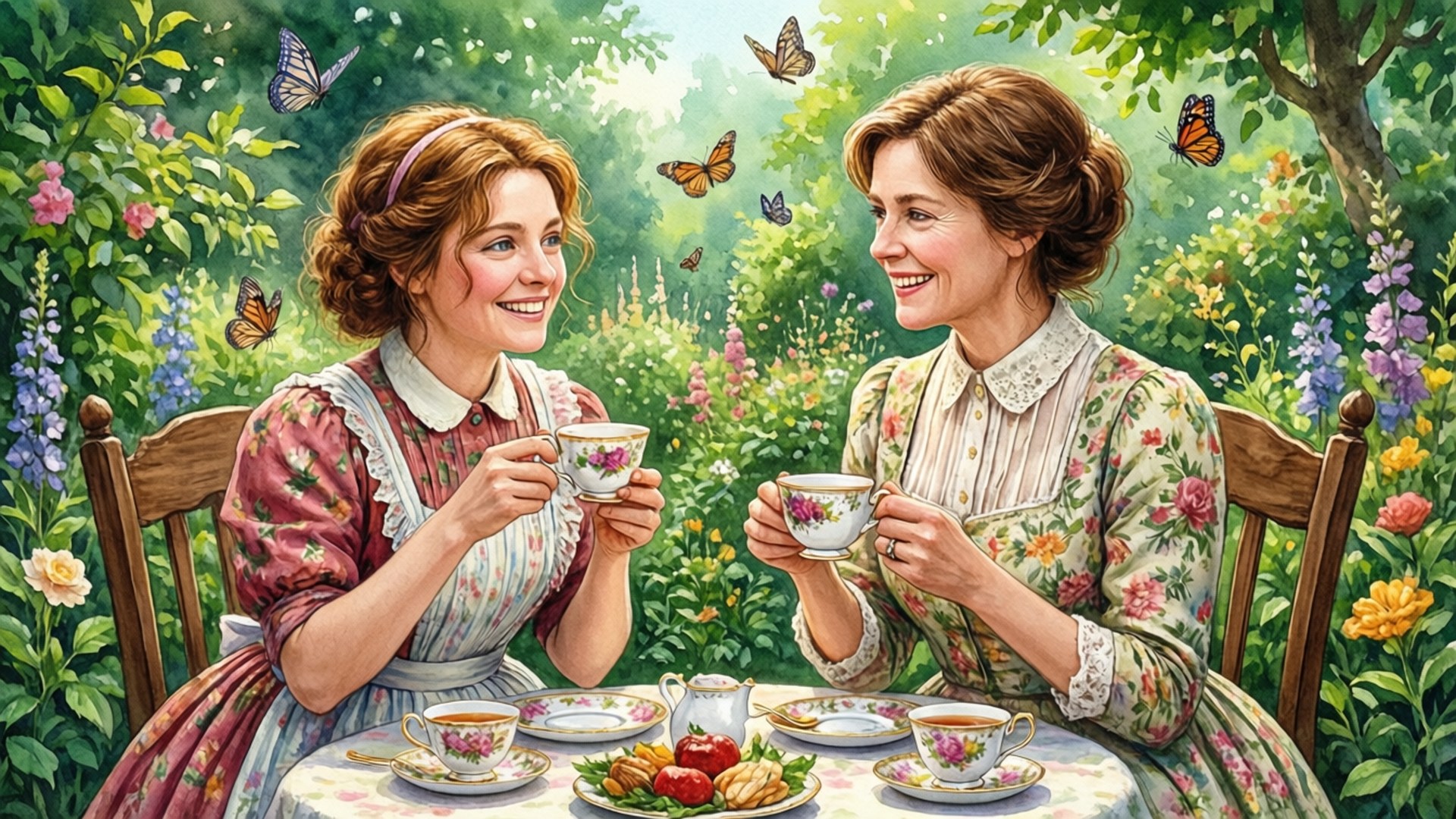 Tea with Diana 壁紙 — 兩位身穿復古花卉裙的女性在陽光明媚、蝴蝶和色彩繽紛的花朵盛開的花園中共享茶點。
