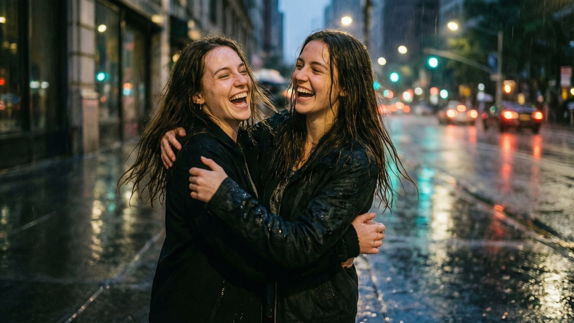 Rain Dance Besties 壁紙 — 兩個女人穿著濕透的黑色外套，在夜間被雨水打濕的城市街道上歡快地大笑，緊緊擁抱，發光的街燈和汽車頭燈反射在人行道上。