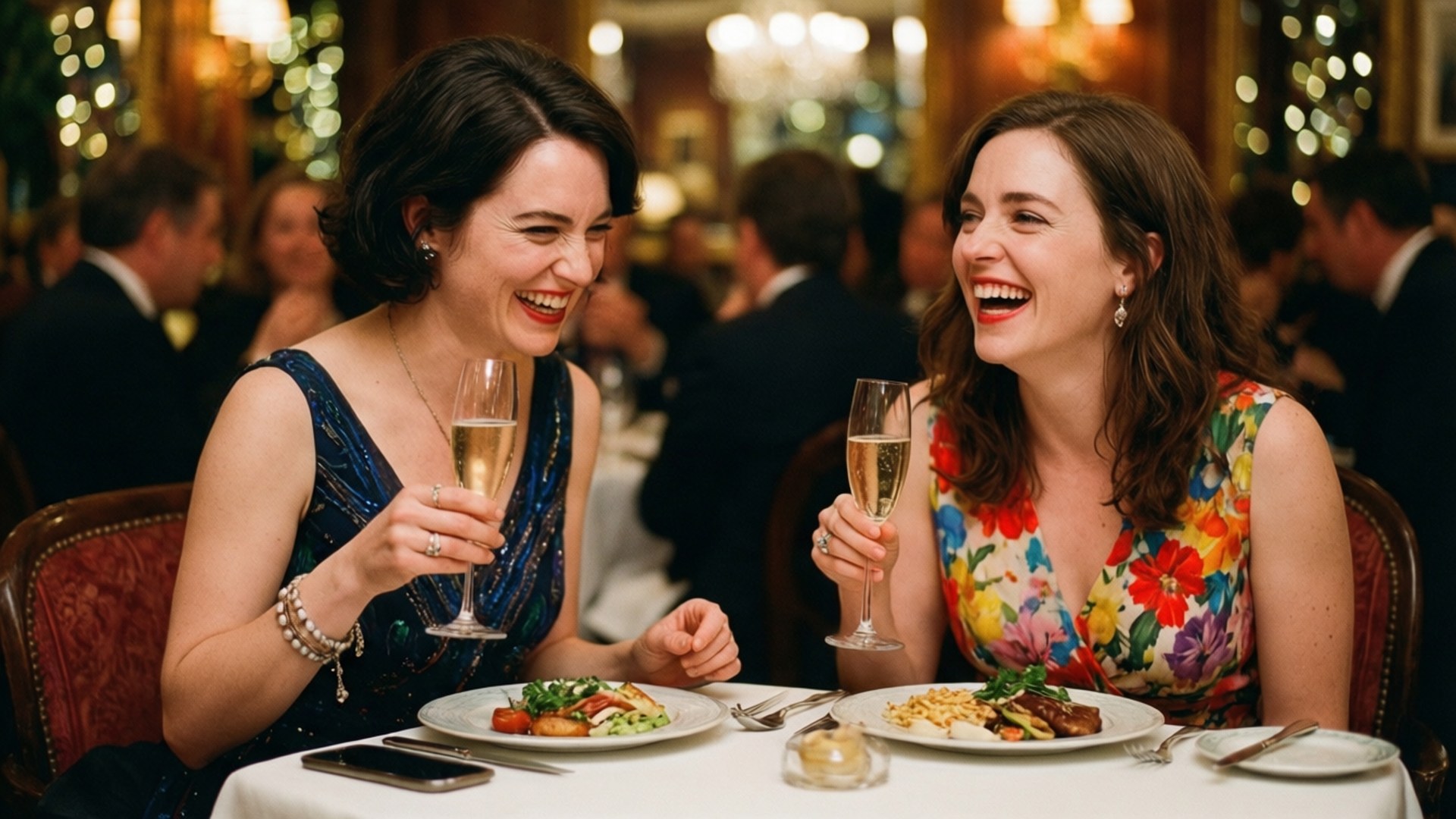 Sisters Lunch 壁紙 — 兩位女士在優雅、燈光溫暖的餐廳裡，對著香檳和擺盤精美的餐點開懷大笑，背景有模糊的顧客和吊燈。