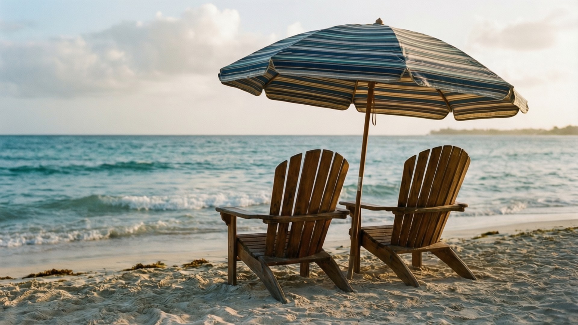 Quiet Morning Chairs 壁紙 — 兩張木製 Adirondack 椅子放在條紋沙灘傘下，沙灘上有輕柔的海浪和多雲的天空。