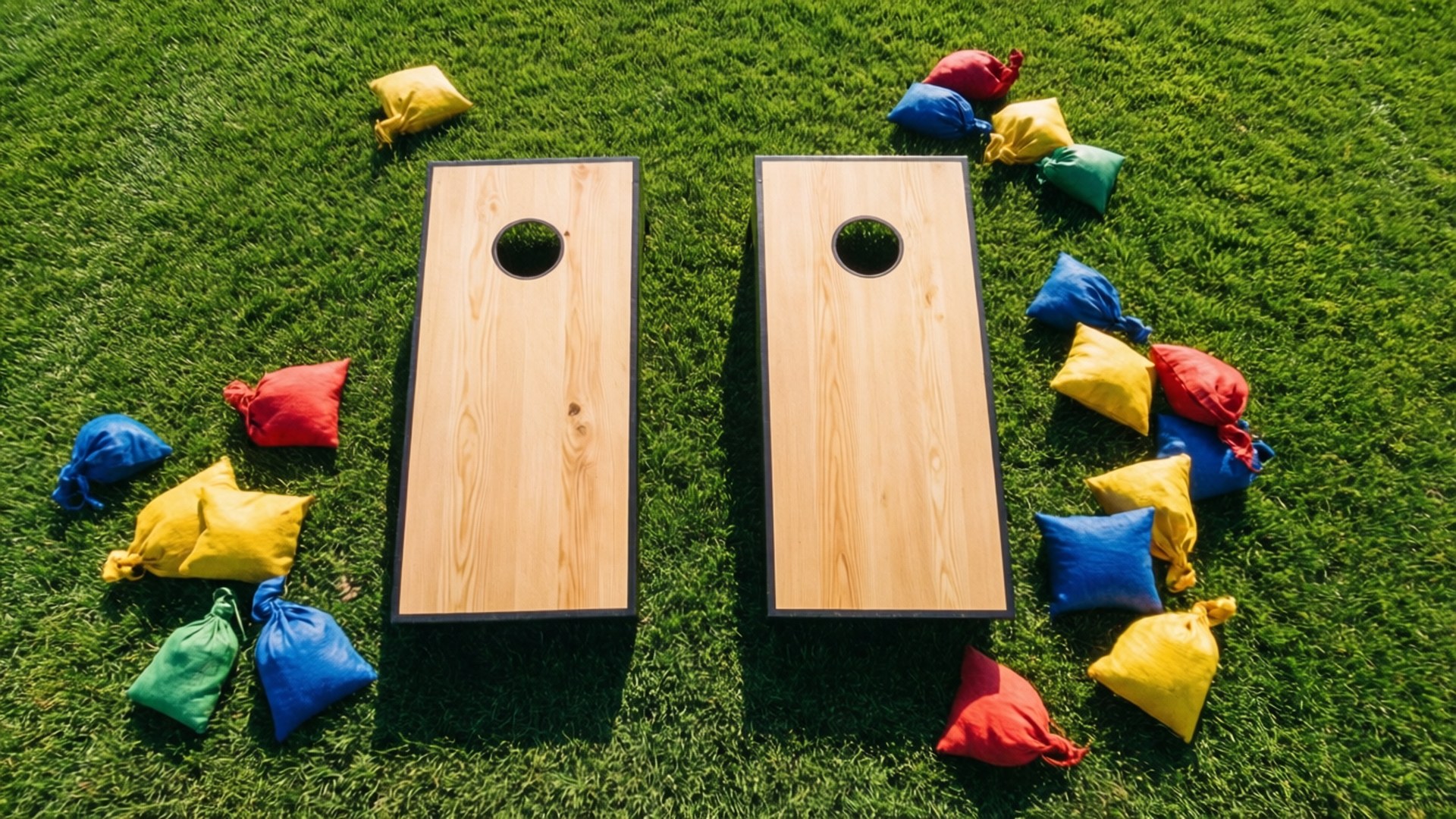 Cornhole 桌布 壁紙 — 兩塊木製玉米洞板，色彩繽紛的豆袋散落在鮮綠的草地上，在明亮的陽光下。