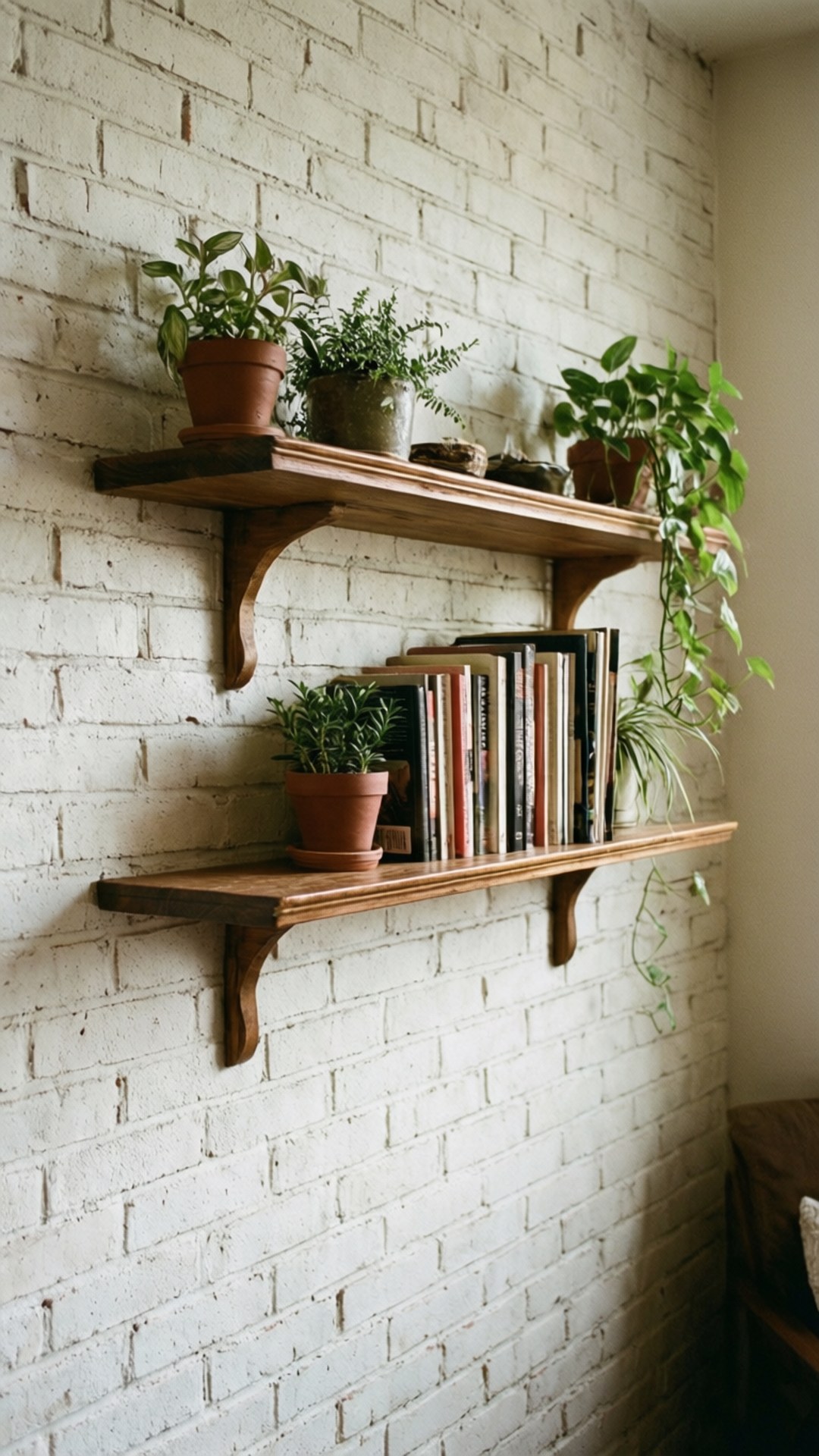 Shelved Brick Wall 壁紙 — 兩個木製層架安裝在白色磚牆上，放置盆栽植物和書籍，營造舒適的鄉村風格。