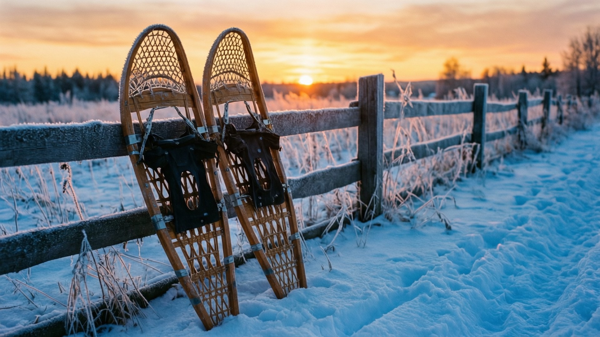 Snowshoes at Sunset 壁紙 — 兩個木製雪鞋掛在結霜的木柵欄上，背景是雪地與金色日落。