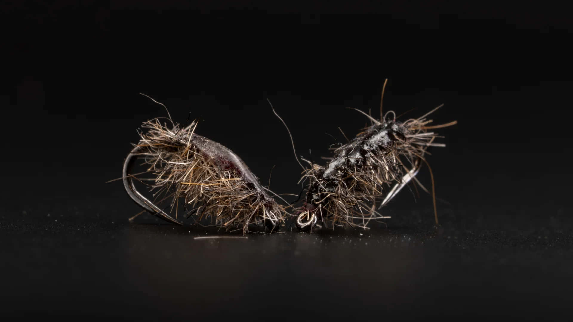  壁紙 — 兩個磨損的釣魚假蠅帶纏繞的纖維，在戲劇性燈光下放在深色反光表面。