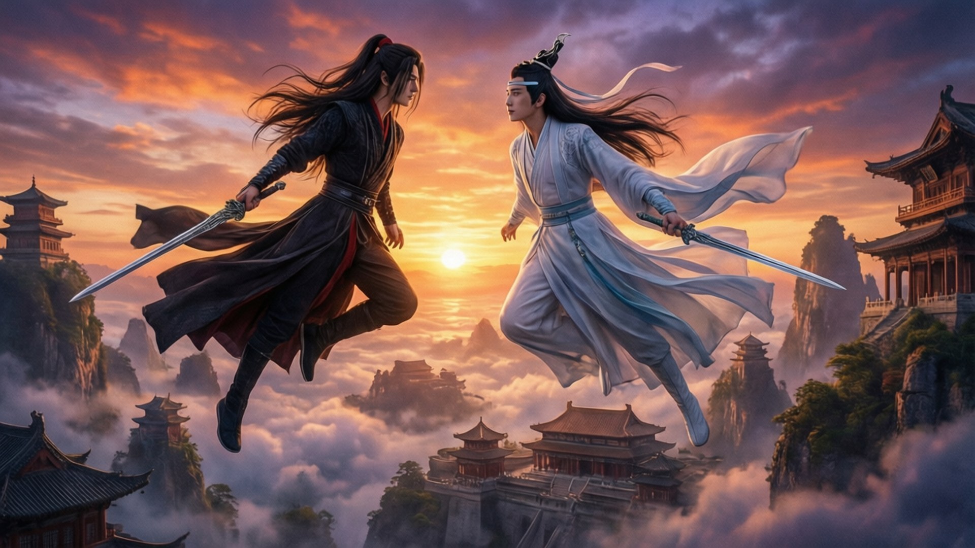 Sunset Flight 壁紙 — 兩位武俠戰士在霧氣繚繞的山中寺廟上空決鬥，夕陽呈現火橙色和紫色。