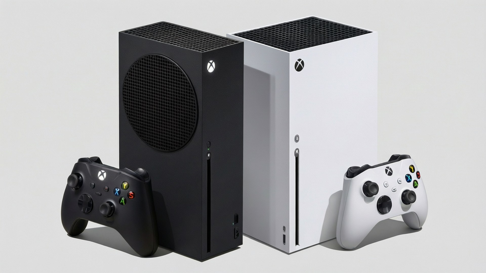 Sibling Consoles 壁紙 — 兩台Xbox Series X主機（黑色和白色）以及匹配的控制器，展示在乾淨的淺灰色背景上。