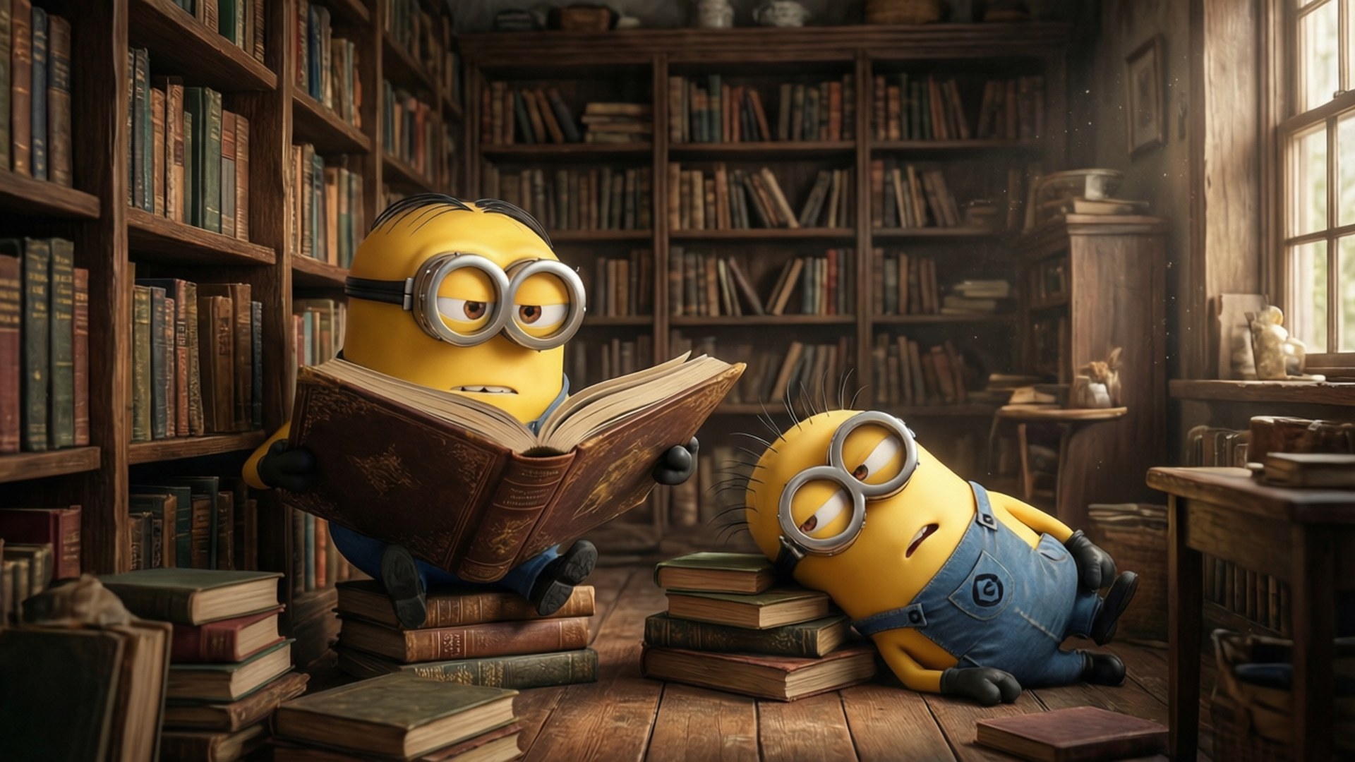 Minion Library 壁紙 — 兩隻黃色小小兵在陽光照射的木製圖書館裡，一隻在讀書，另一隻睡在一堆書上。