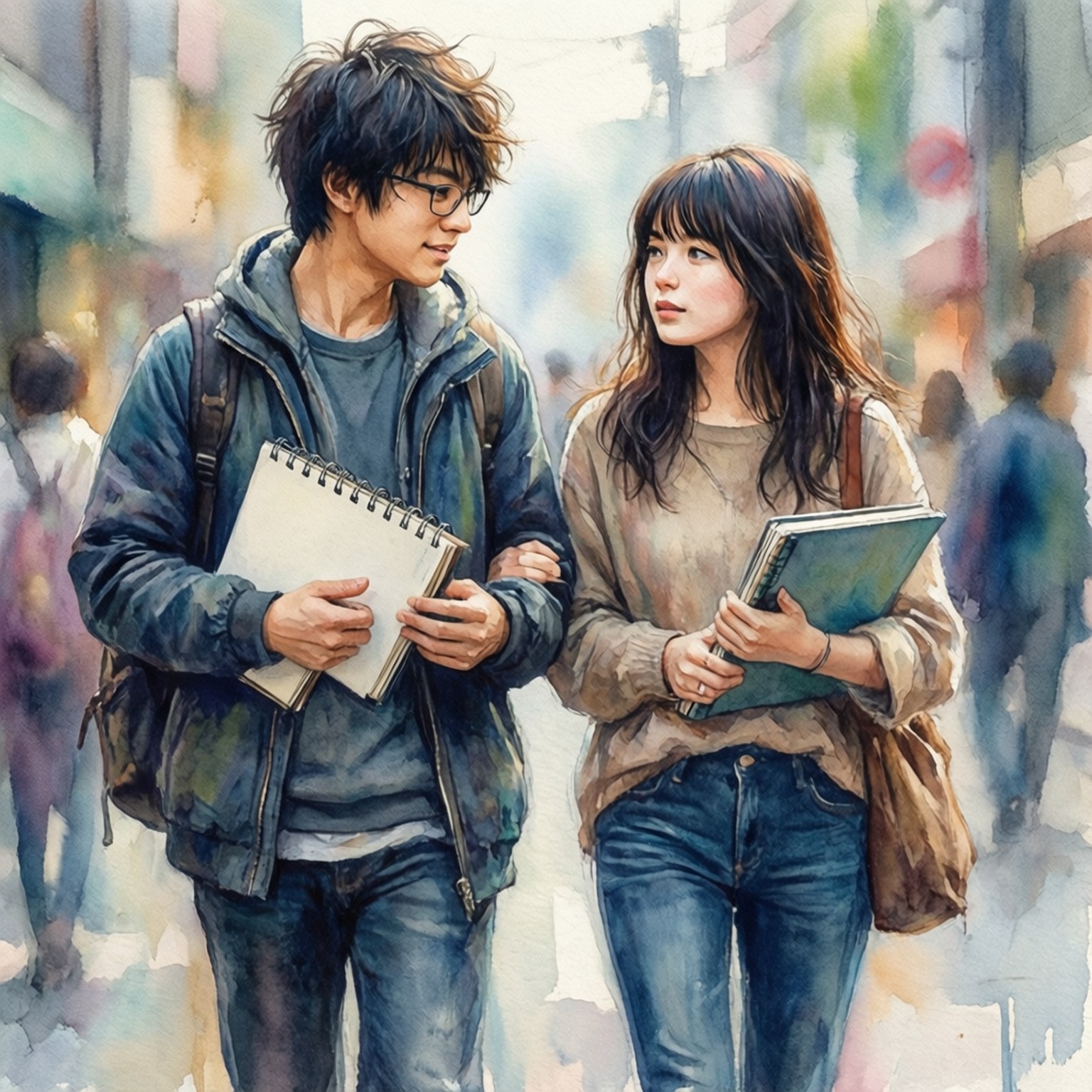 爆漫王 桌布 壁紙 — 兩位年輕藝術家手持素描本和背包，在柔和的水彩燈光下走過繁華的城市街道。