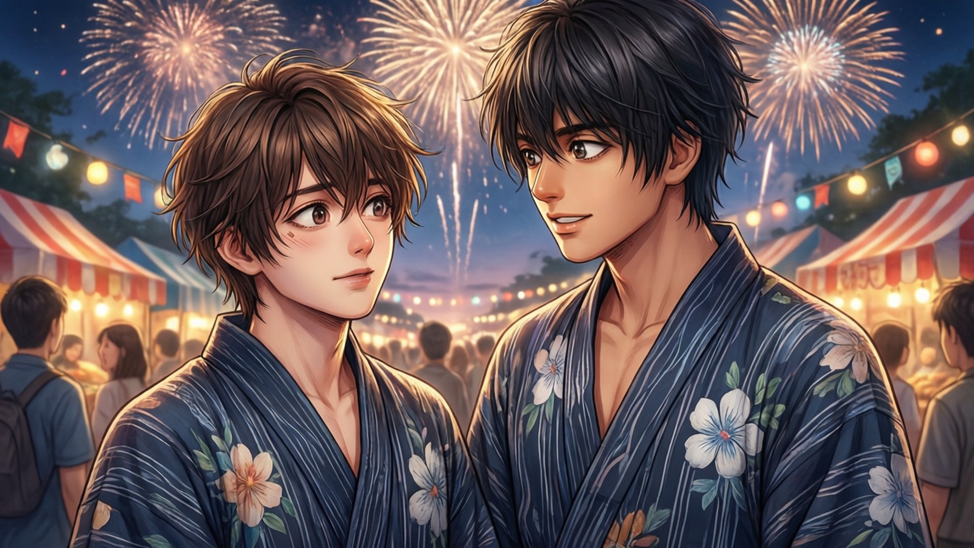 Festival Night 壁紙 — 兩名身穿花卉圖案浴衣的年輕男子在熱鬧的夜祭中，於璀璨煙火下互相凝視。