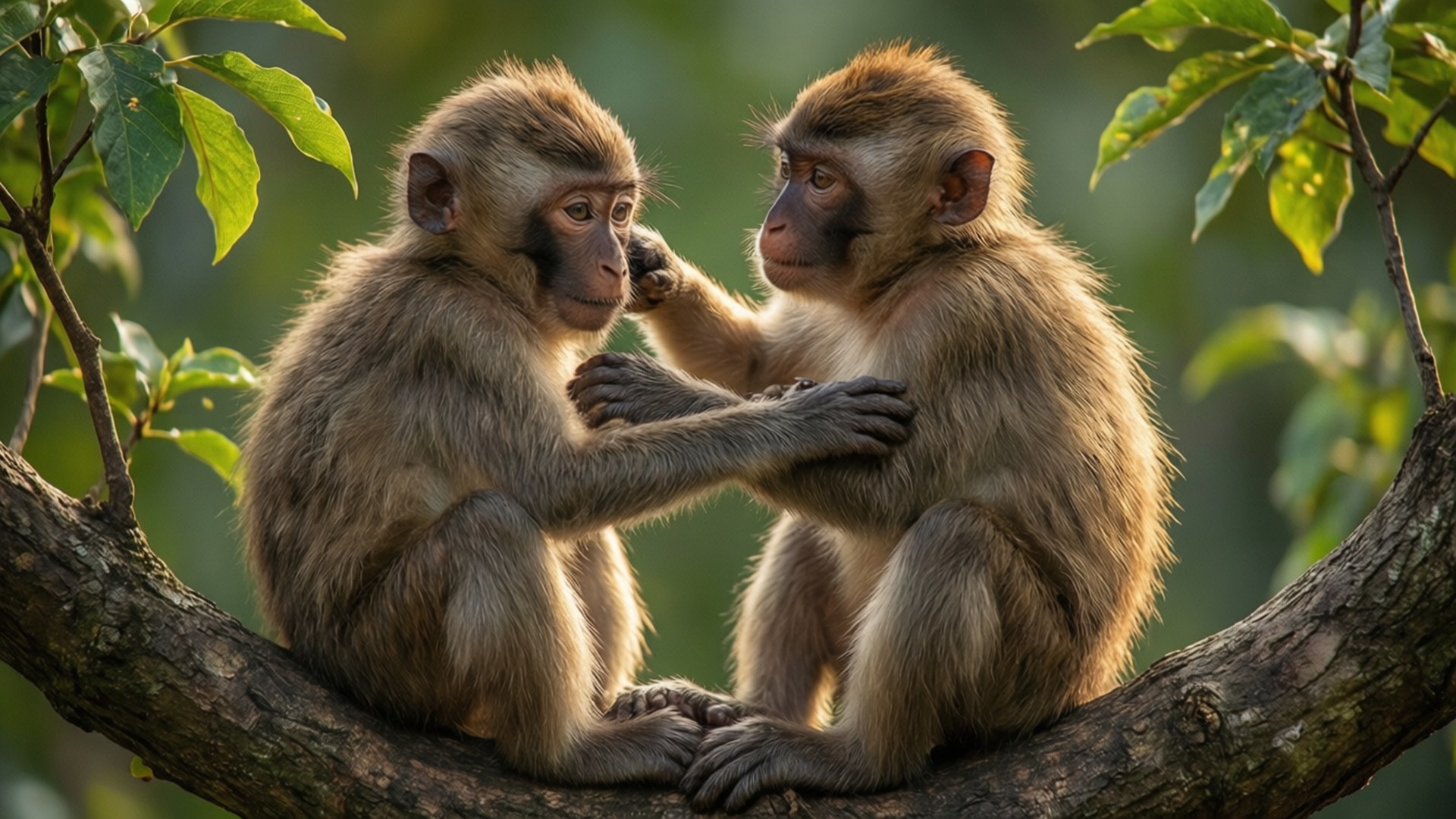 Monkeys Grooming 壁紙 — 兩隻年輕猴子坐在樹枝上，在茂密的綠葉中互相梳理毛髮。
