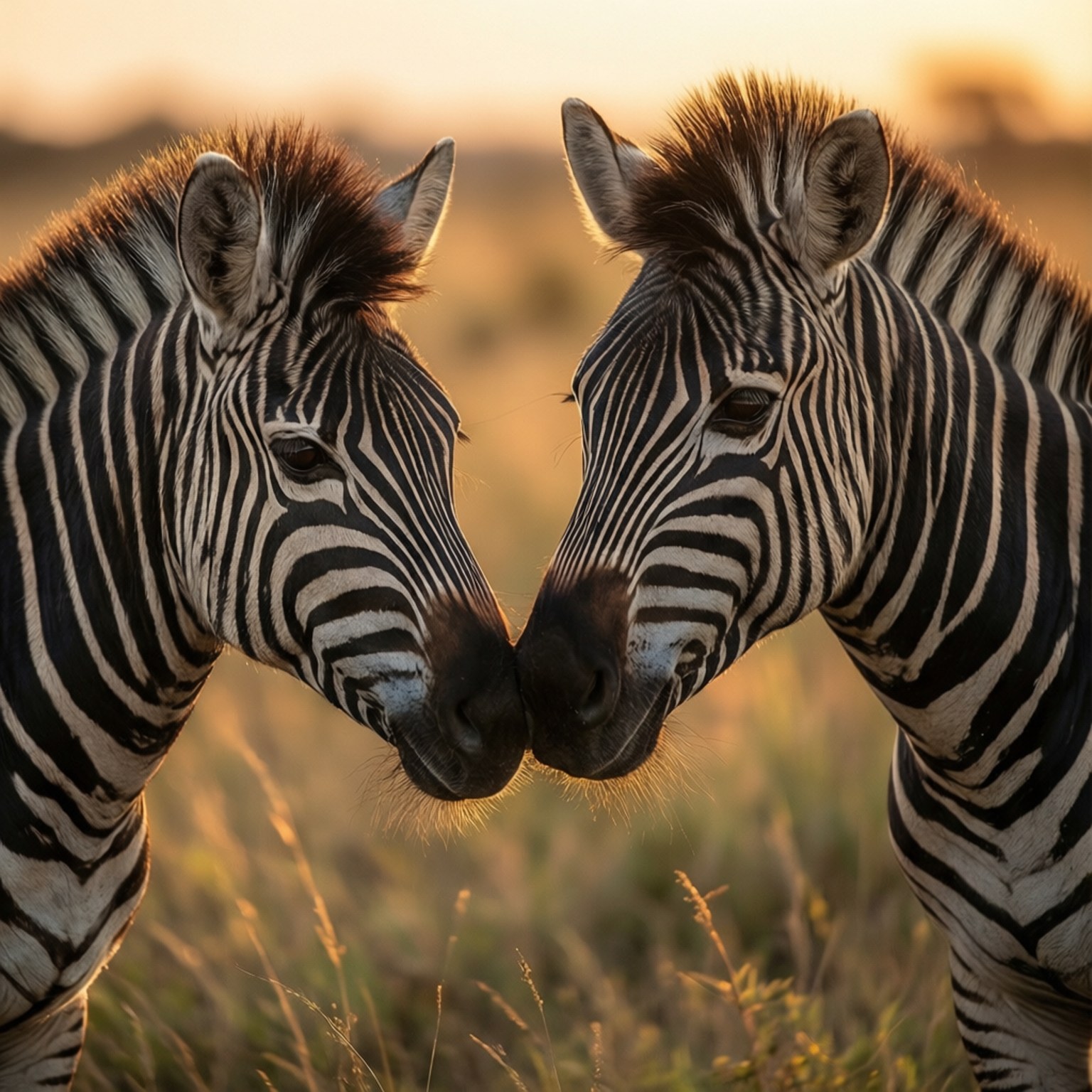 Nose to Nose 壁紙 — 兩隻斑馬在金色日落草原上互相摩擦鼻子，背景柔和模糊。