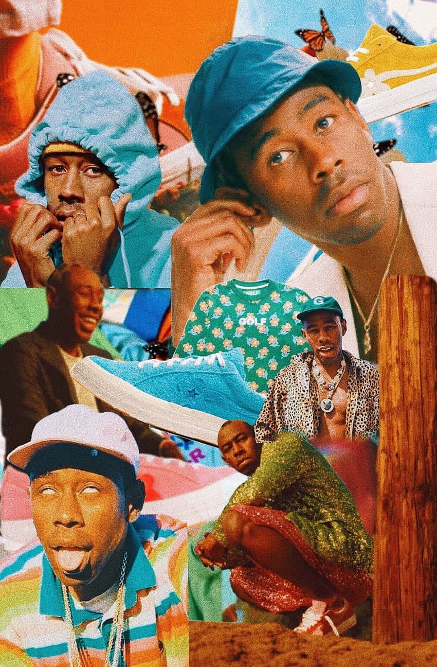 Rapper Collage 桌布 壁紙 — Ty Dolla $ign 的鮮豔拼貼，穿著色彩繽紛的服裝和姿勢，襯托大膽的背景元素。
