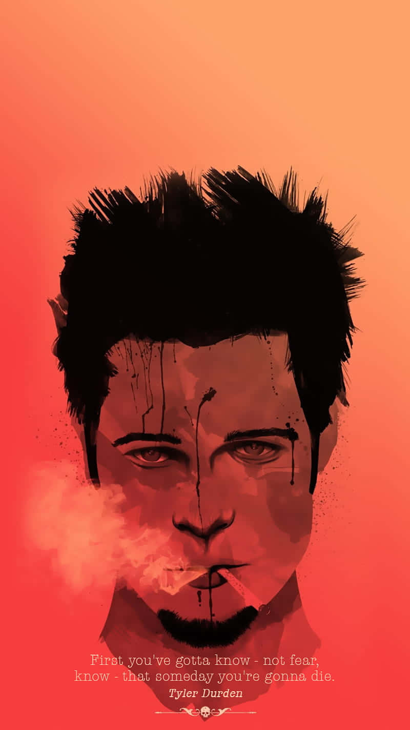  壁紙 — 一幅風格化的插圖，描繪 Tyler Durden 在熾熱橙色漸變背景上抽煙，帶有滴墨效果。