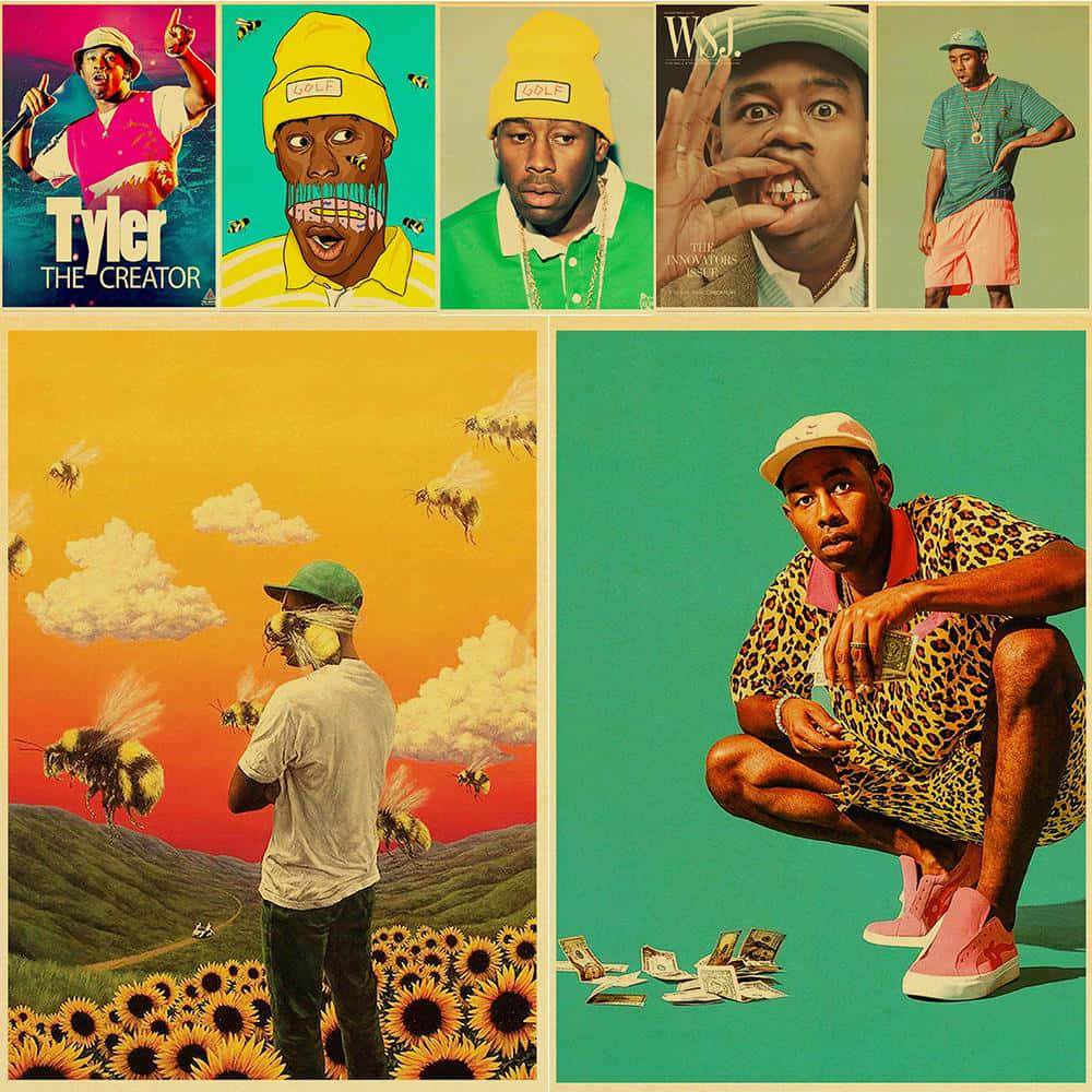 造物主泰勒 桌布 壁紙 — Tyler The Creator 在蜜蜂、向日葵和金錢的環繞下，於大膽色彩背景前擺出充滿活力、超現實的姿勢。