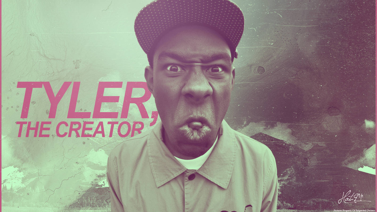 tyler 桌布 壁紙 — Tyler the Creator 睜大眼睛、噘起嘴唇，在帶有紋理的綠色和紫色背景上凝視著。
