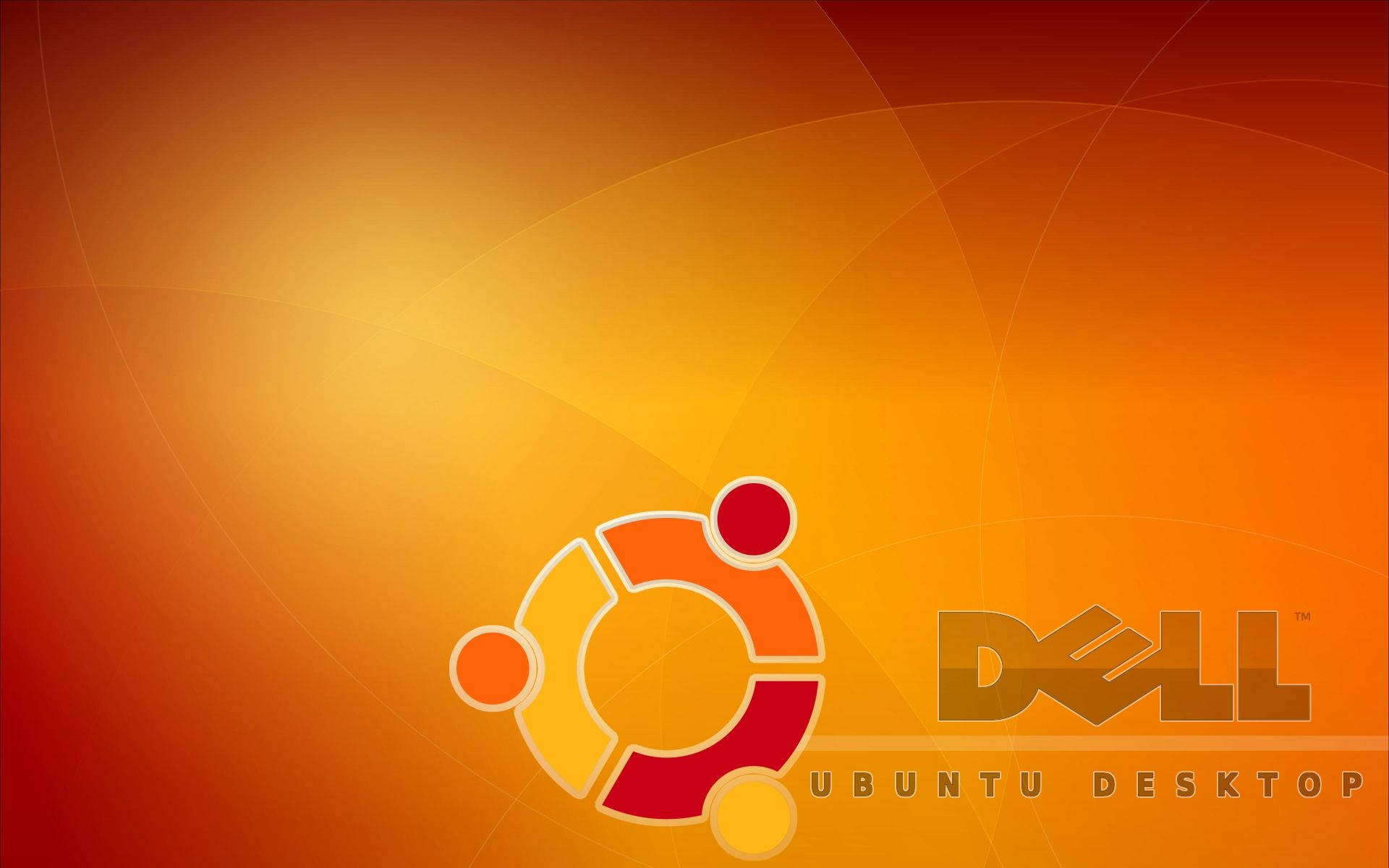 Dell 桌布 壁紙 — Ubuntu 和 Dell 標誌在溫暖的橙色漸變背景上發光，帶有微妙的曲線。