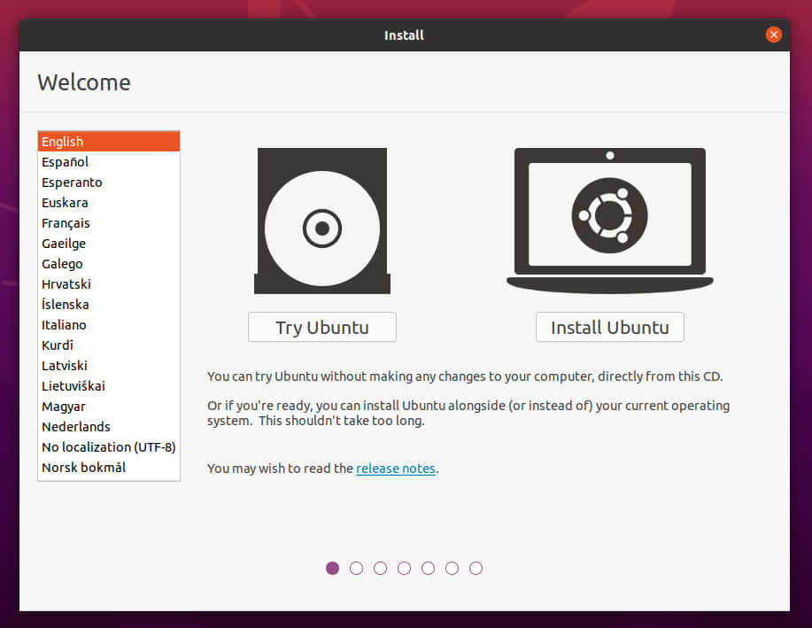 ubuntu 桌布 壁紙 — Ubuntu 安裝畫面，顯示語言選擇以及嘗試或安裝作業系統的選項，附有光碟和筆記型電腦圖示。