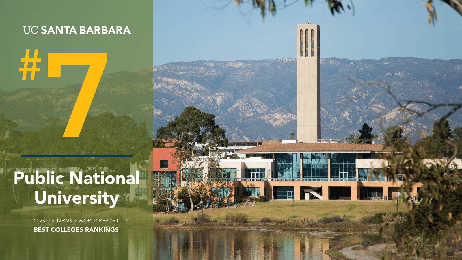 加州 桌布 壁紙 — UC Santa Barbara 校園，擁有標誌性鐘樓和山脈，在清澈藍天下平靜的池塘中倒映。