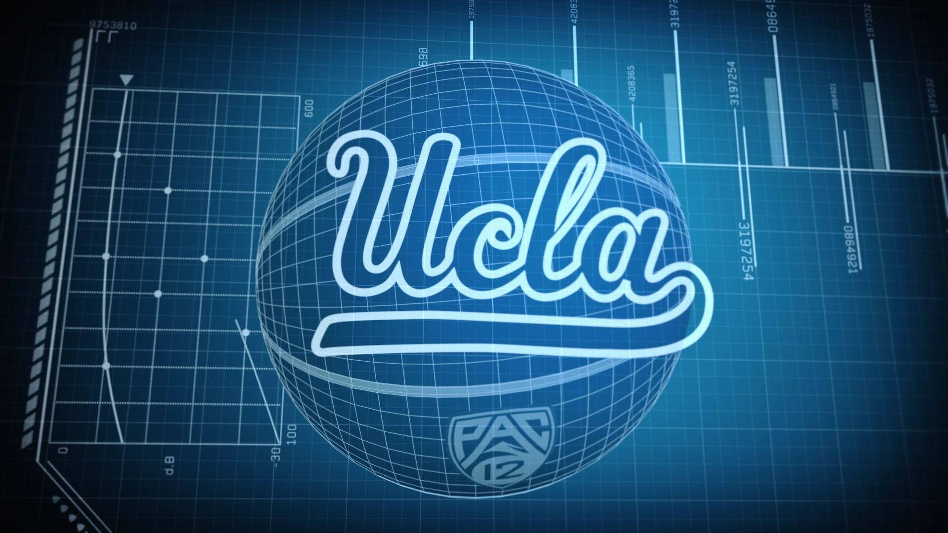 藍色 桌布 壁紙 — UCLA 標誌在藍色網格上以白色發光，背景有數據圖表和圖形。