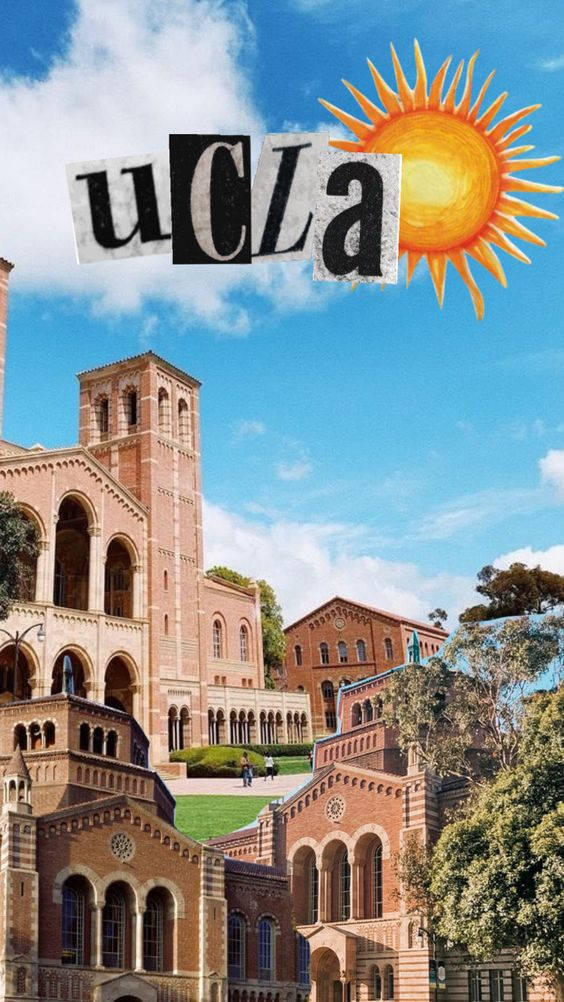 太陽 桌布 壁紙 — UCLA校園建築物在明亮的藍天下，帶有風格化的太陽和撕紙標誌。