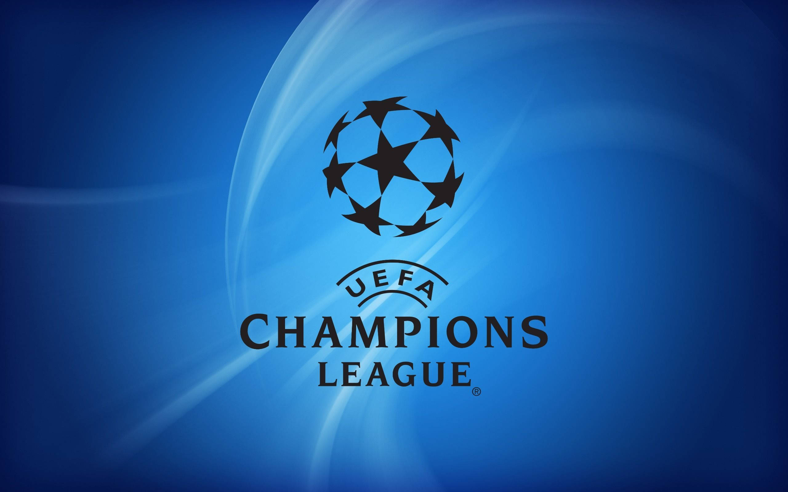 Uefa 桌布 壁紙 — UEFA Champions League 標誌居中於動態藍色漸變背景上，帶有發光的光線條紋。